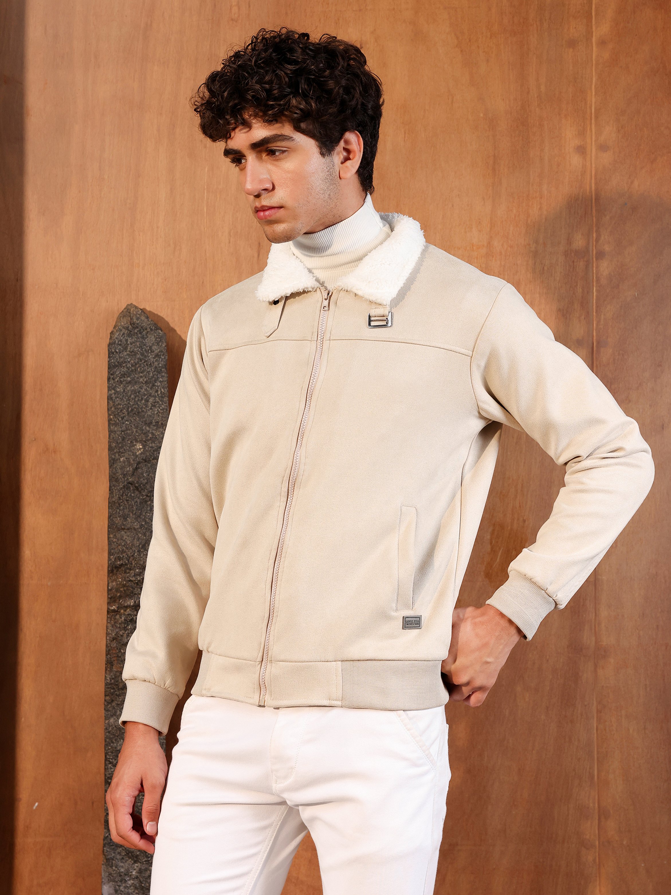 Men Beige Contrast Sherpa-Lined Suede Bomber Jacket