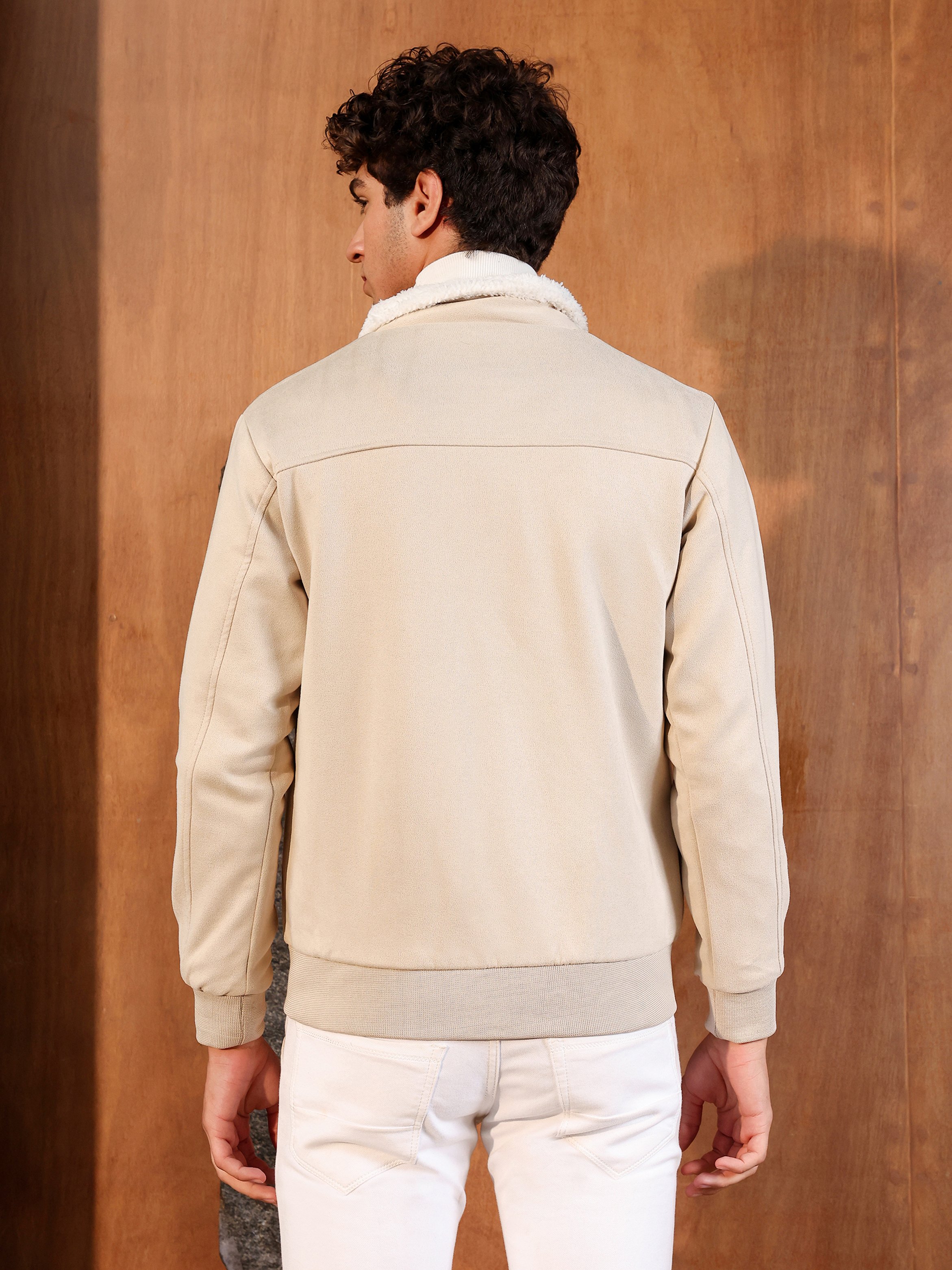 Men Beige Contrast Sherpa-Lined Suede Bomber Jacket