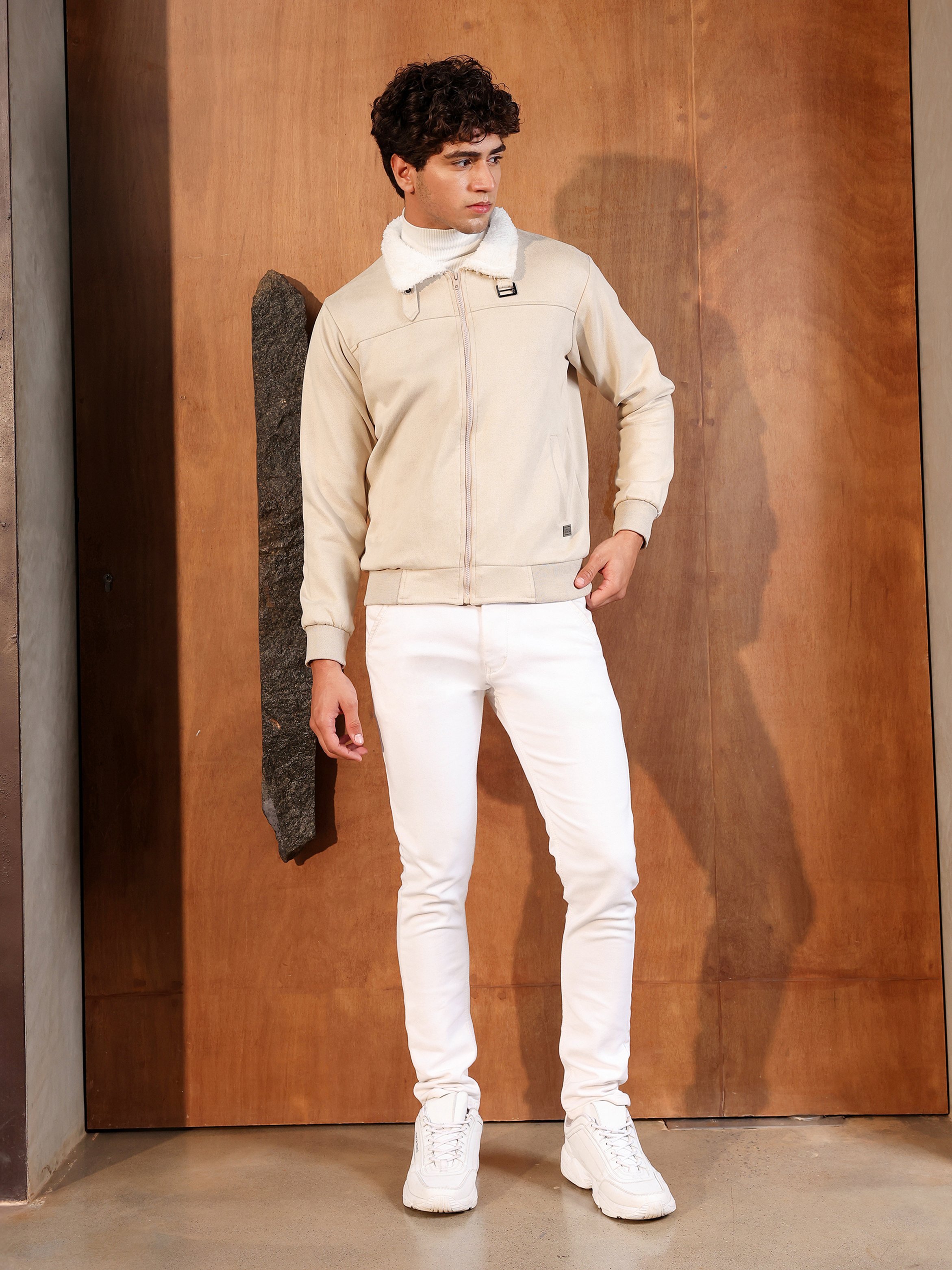 Men Beige Contrast Sherpa-Lined Suede Bomber Jacket