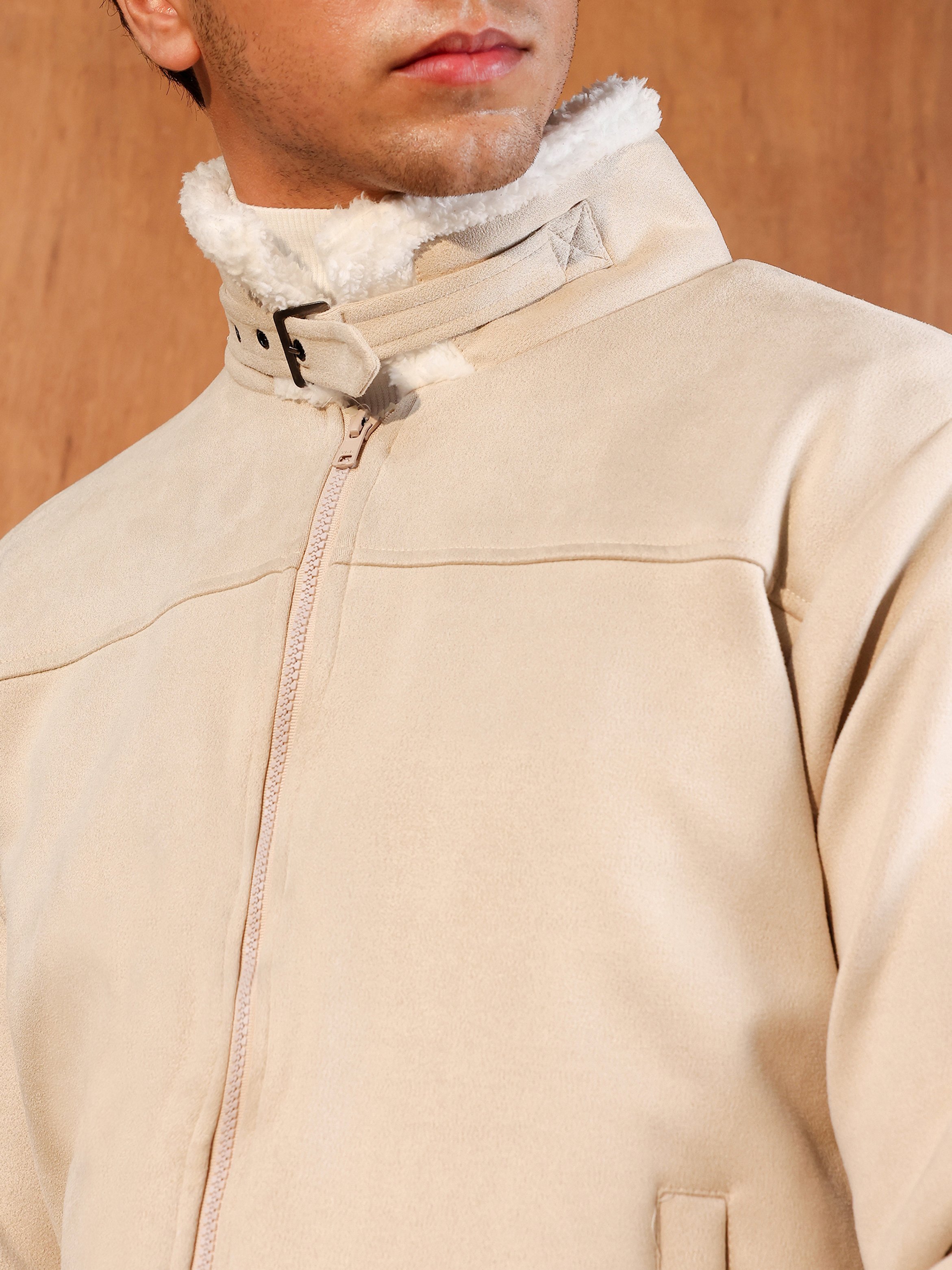 Men Beige Contrast Sherpa-Lined Suede Bomber Jacket