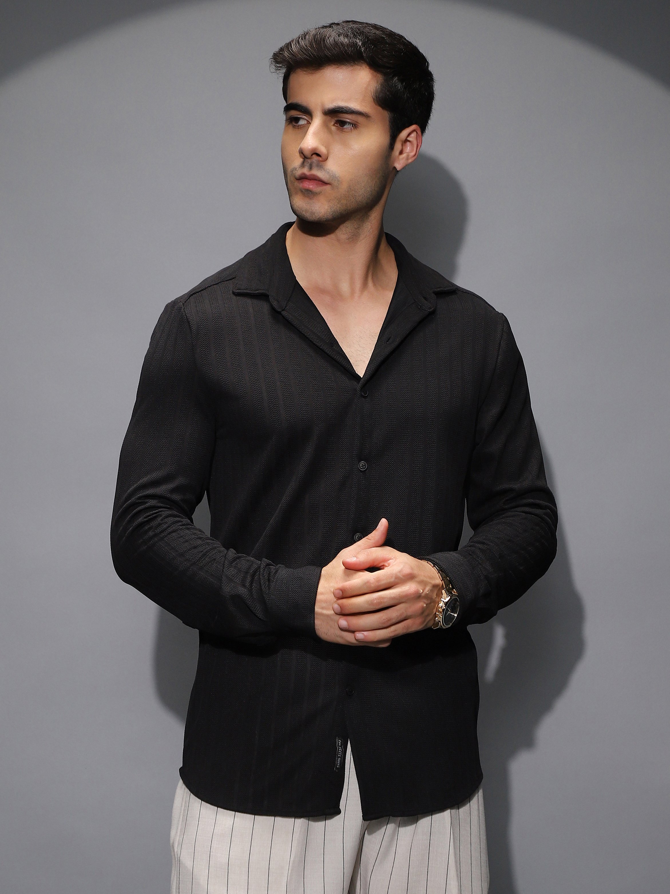 Men Black Chevron-Panel Tactile Shirt