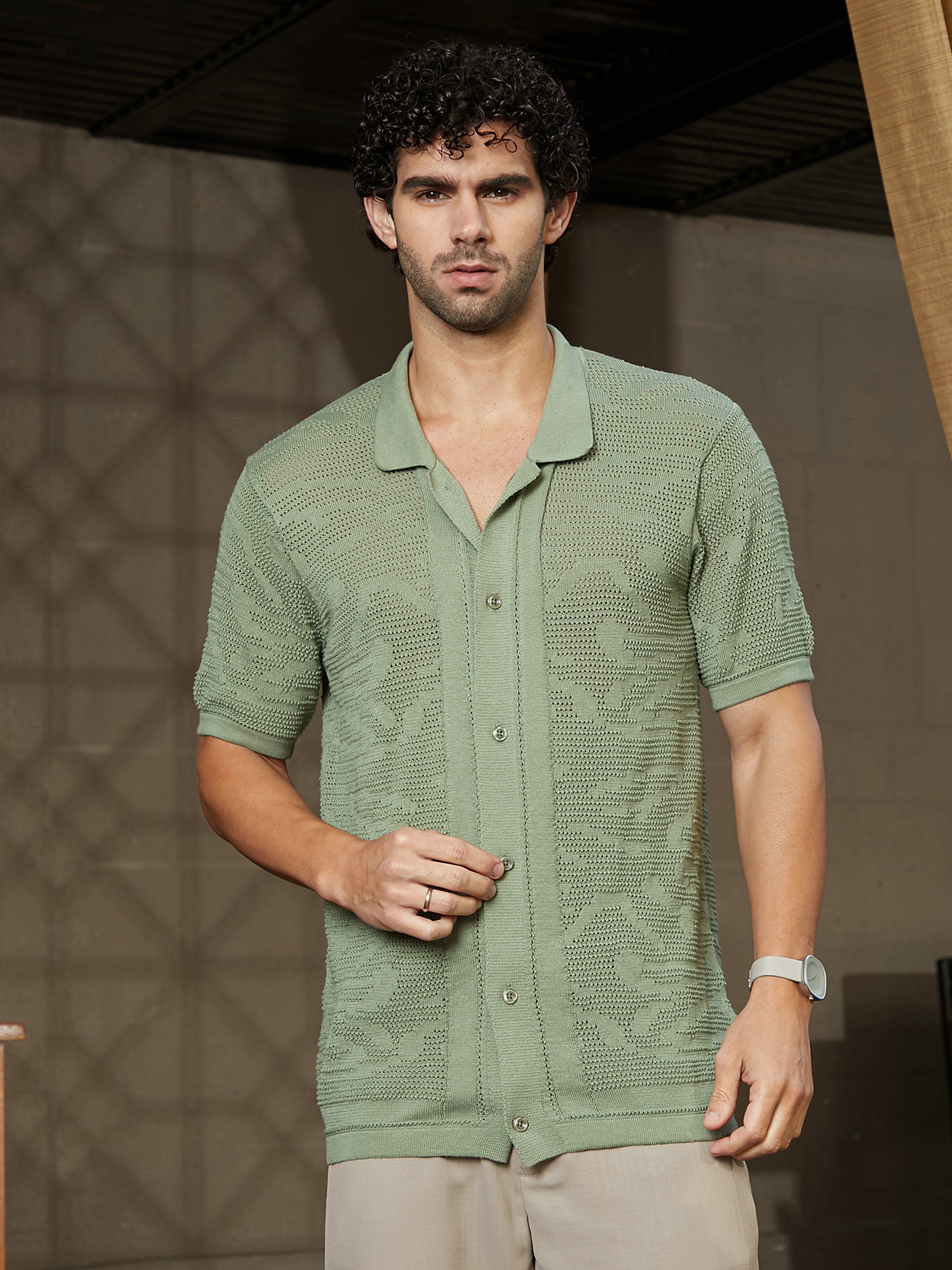 Men Pistachio Green Textured-Knit Shirt