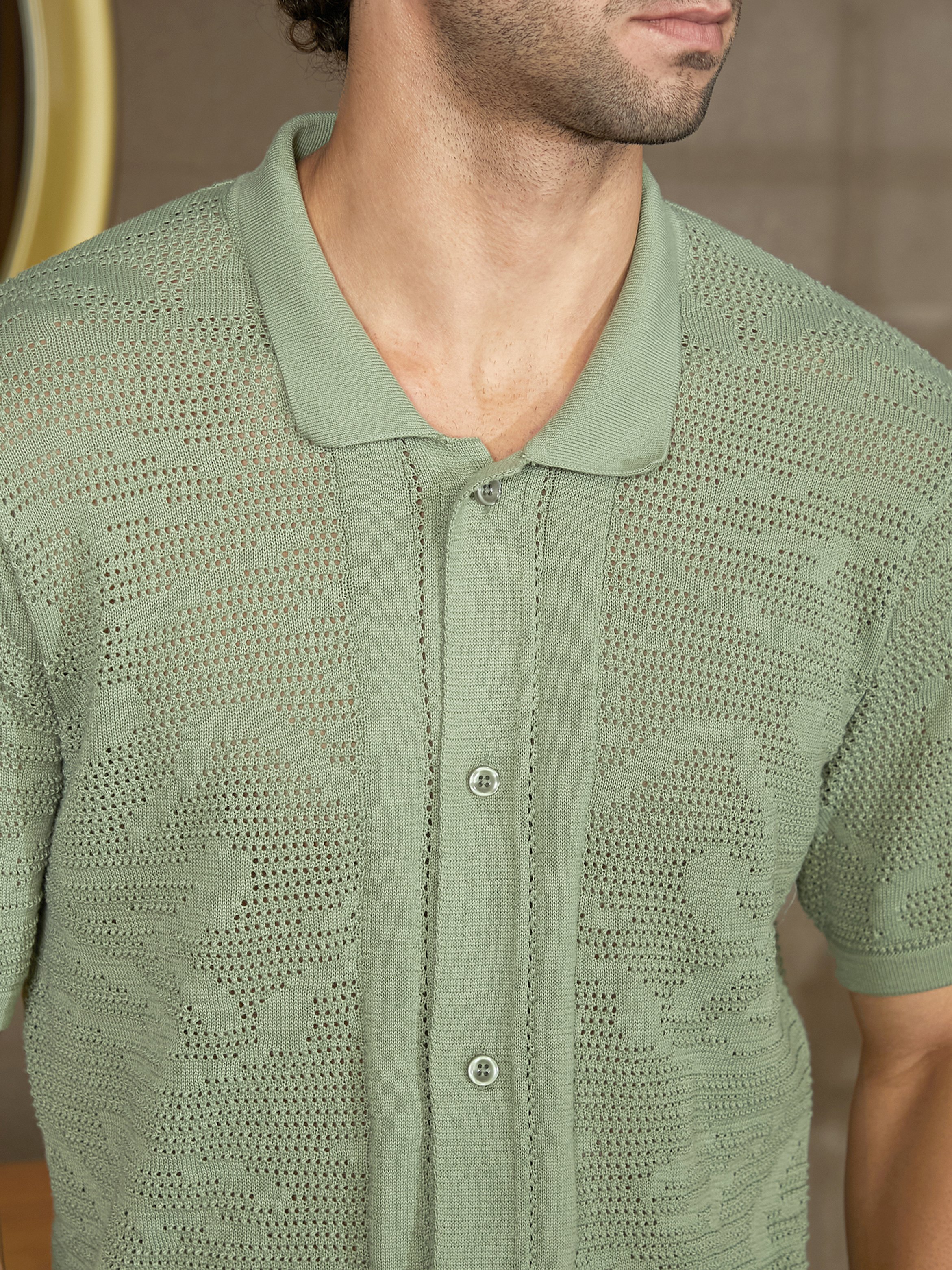 Men Pistachio Green Textured-Knit Shirt