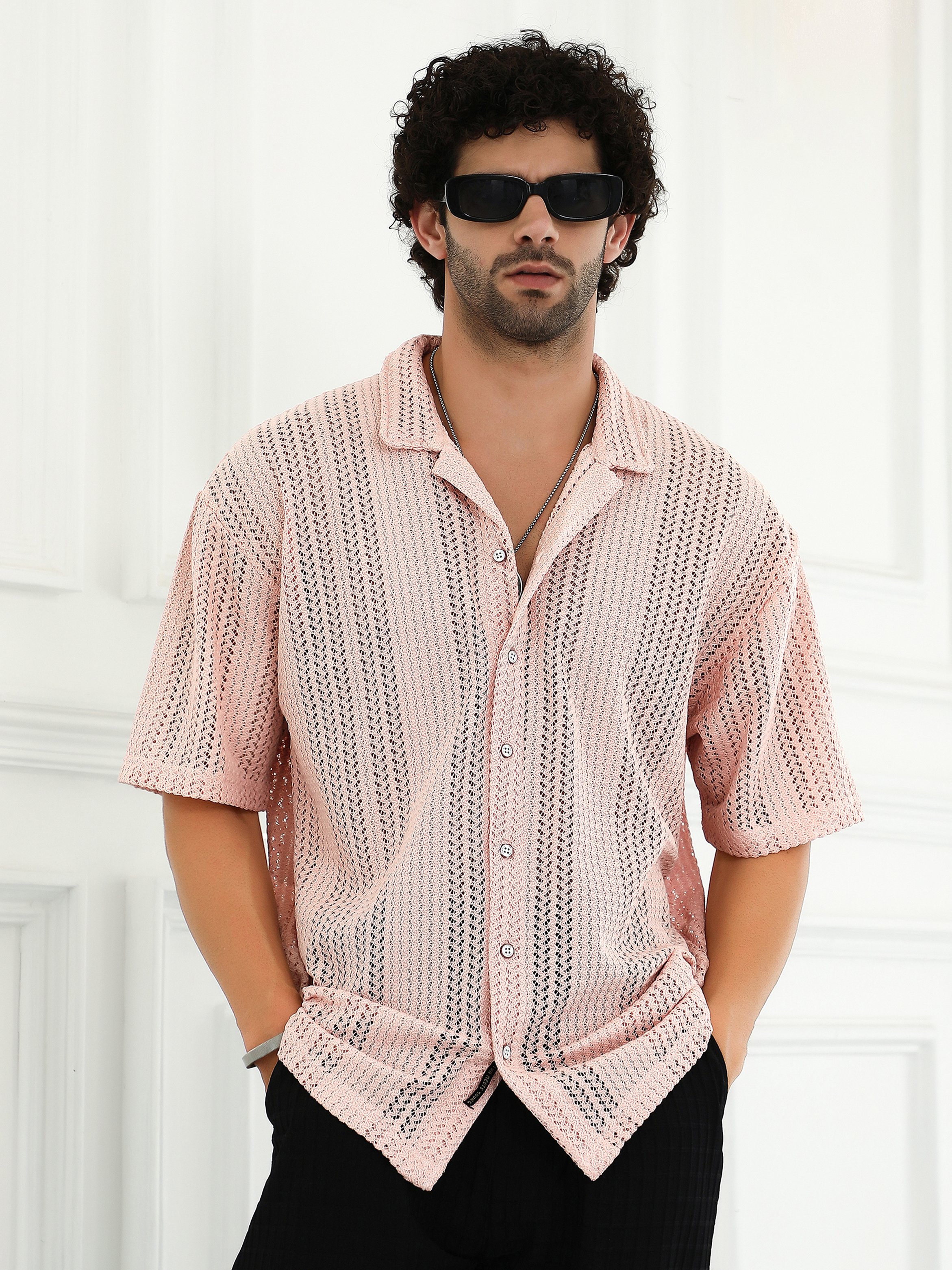 Men Pink Ziggy-Knit Oversized Shirt