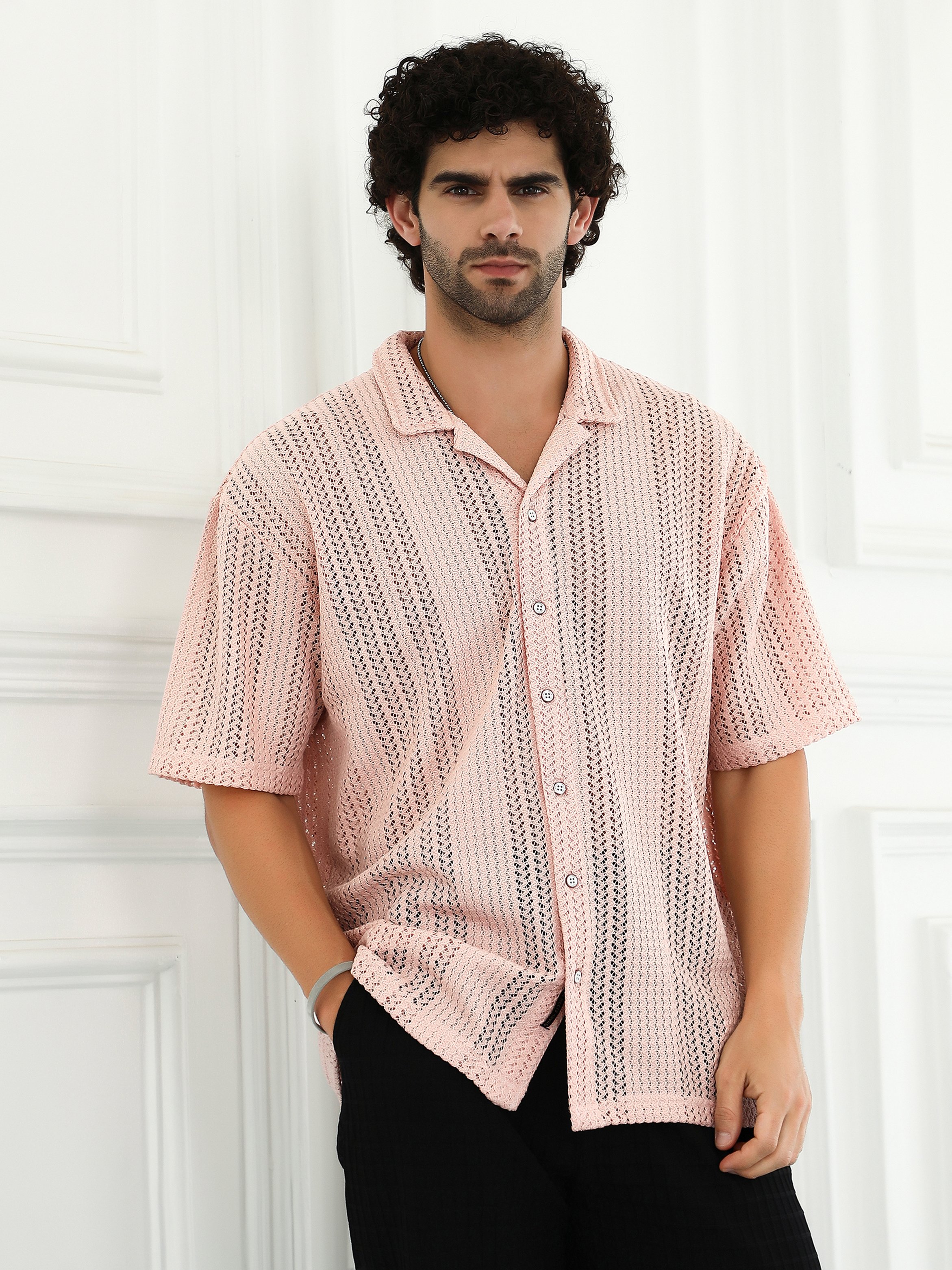 Men Pink Ziggy-Knit Oversized Shirt
