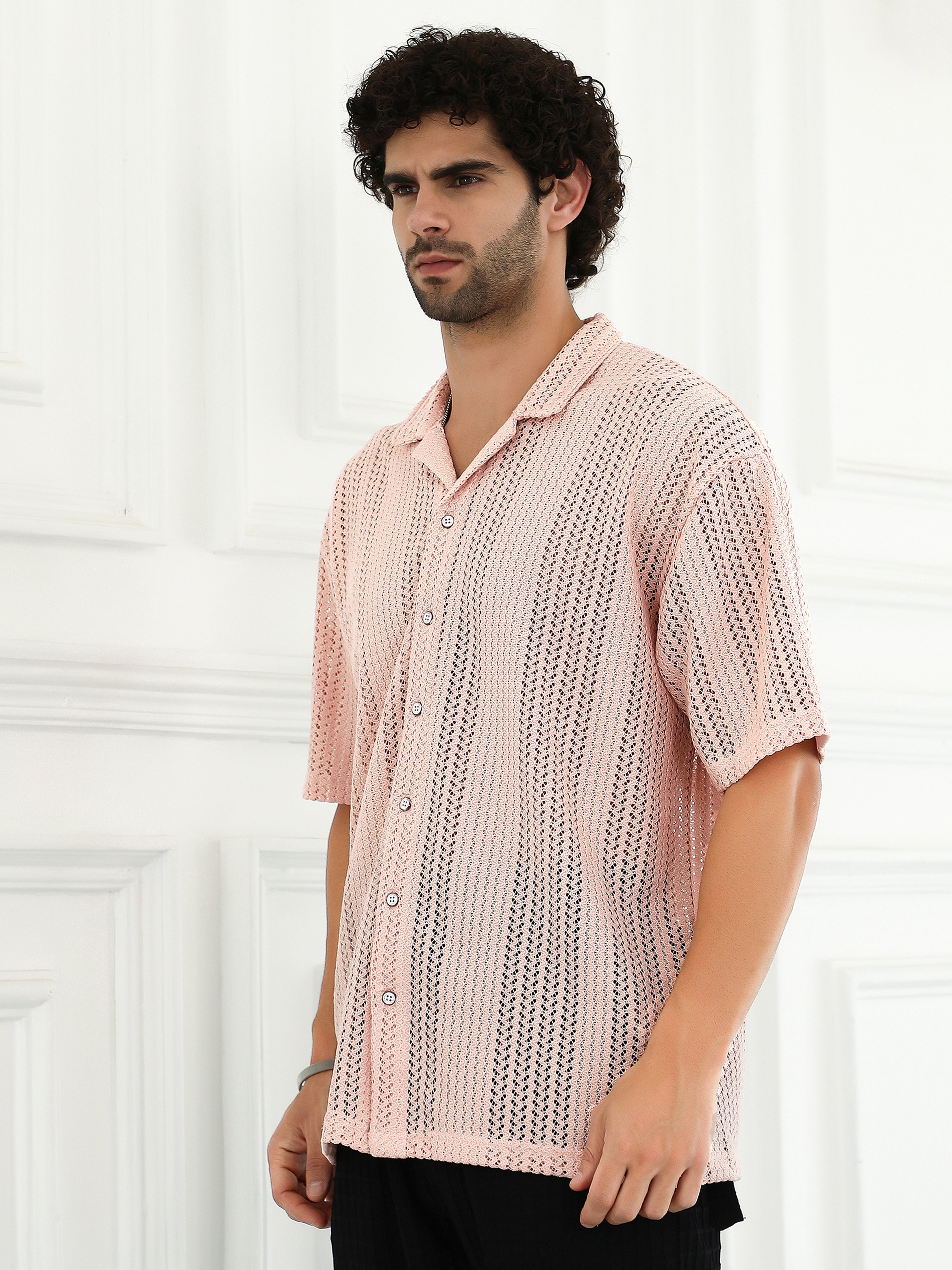 Men Pink Ziggy-Knit Oversized Shirt