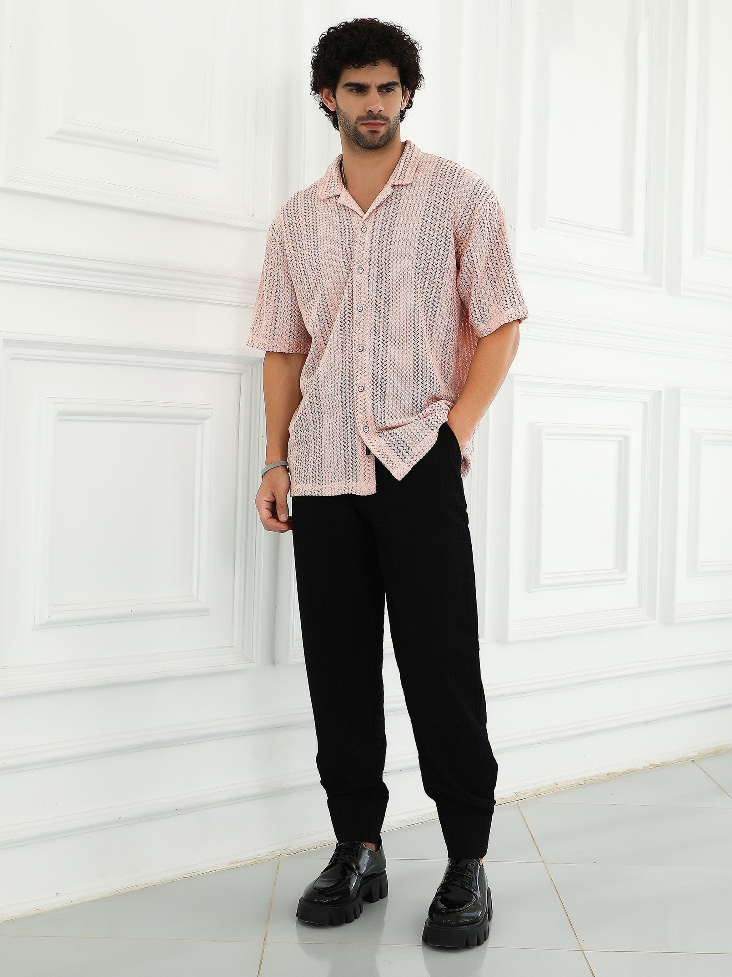 Men Pink Ziggy-Knit Oversized Shirt