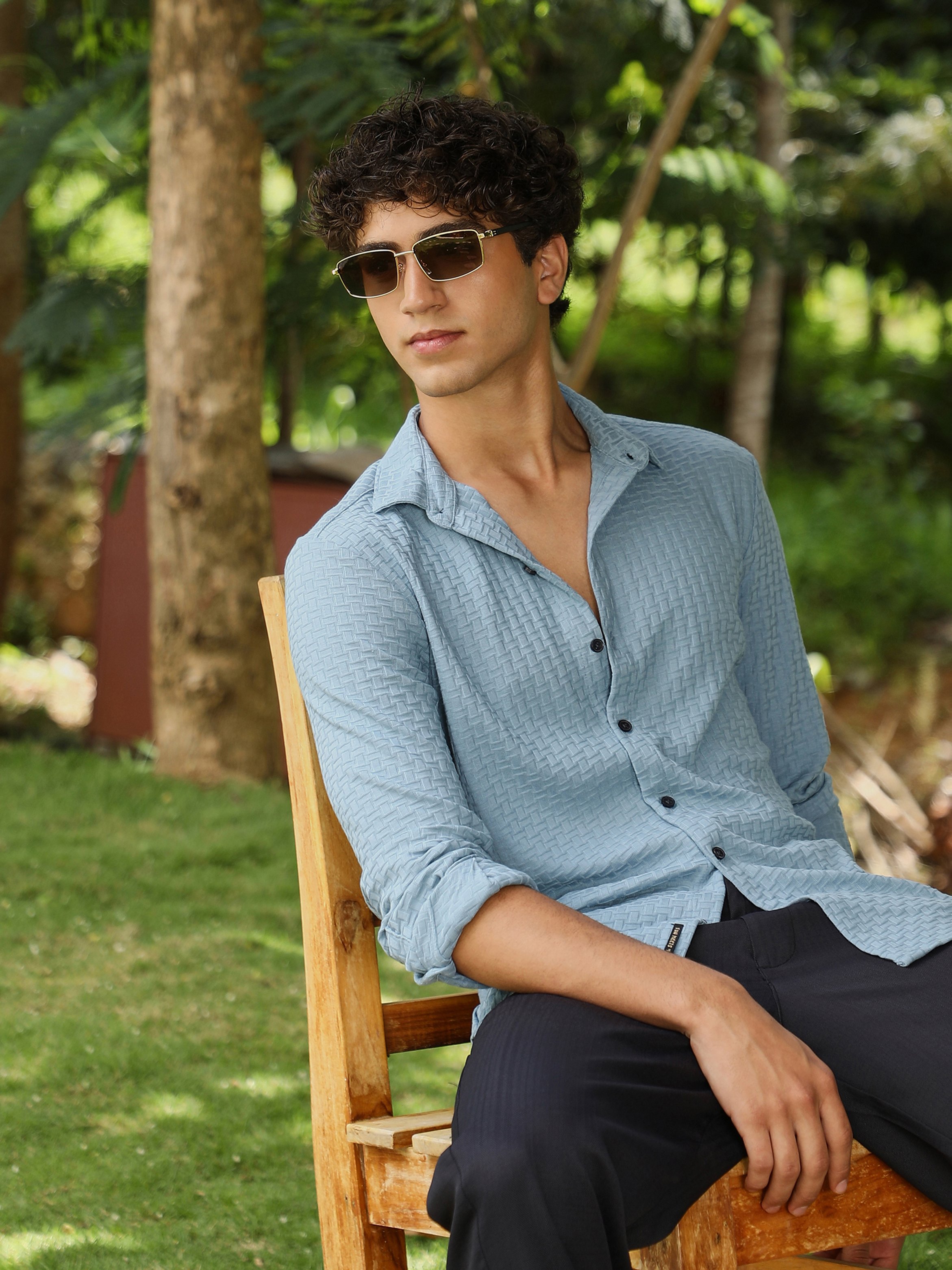 Men Pastel Blue Textured Knit Jacquard Shirt