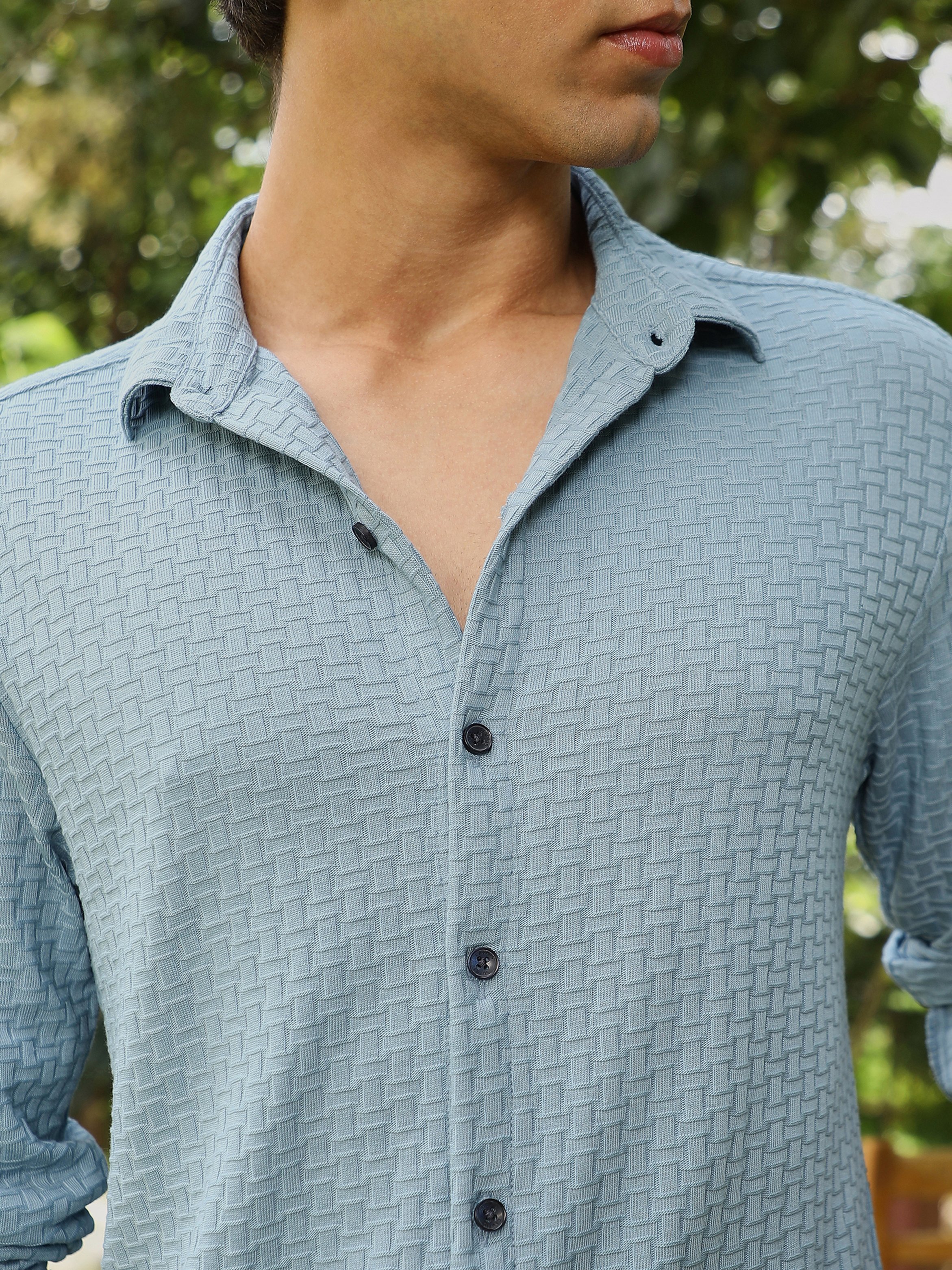 Men Pastel Blue Textured Knit Jacquard Shirt