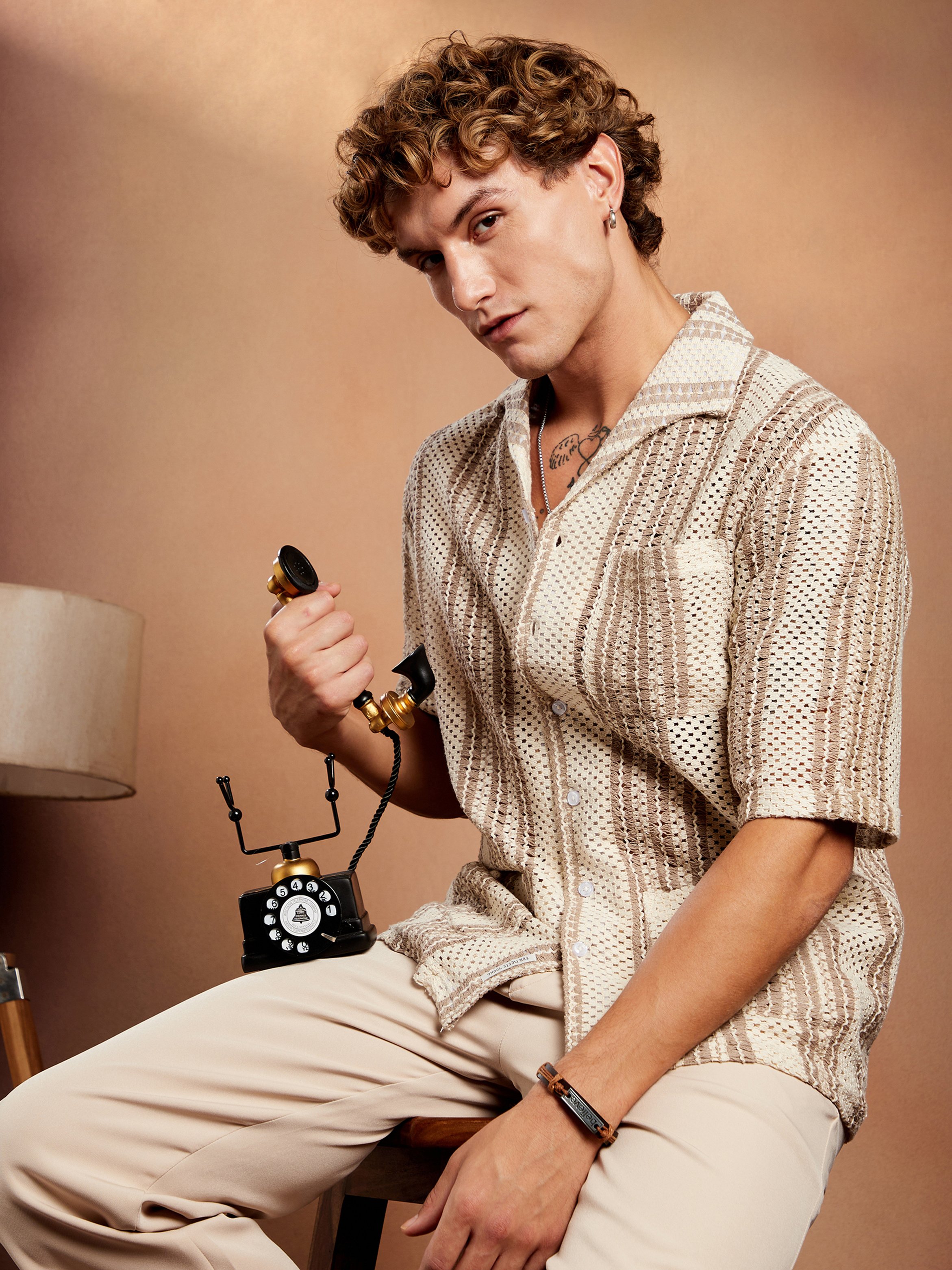 Men Textured Striped Open-Knit Oversized Shirt