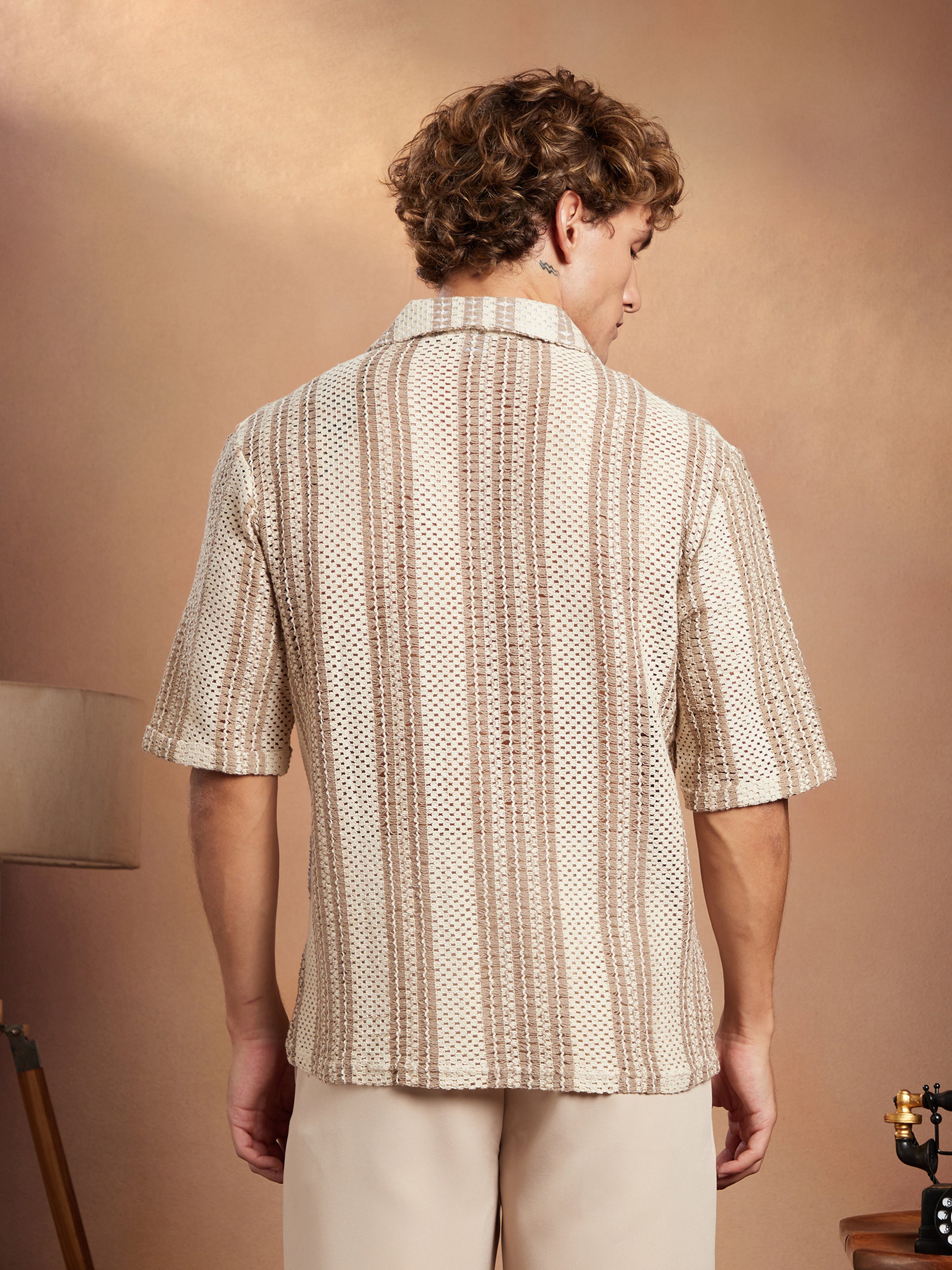 Men Textured Striped Open-Knit Oversized Shirt