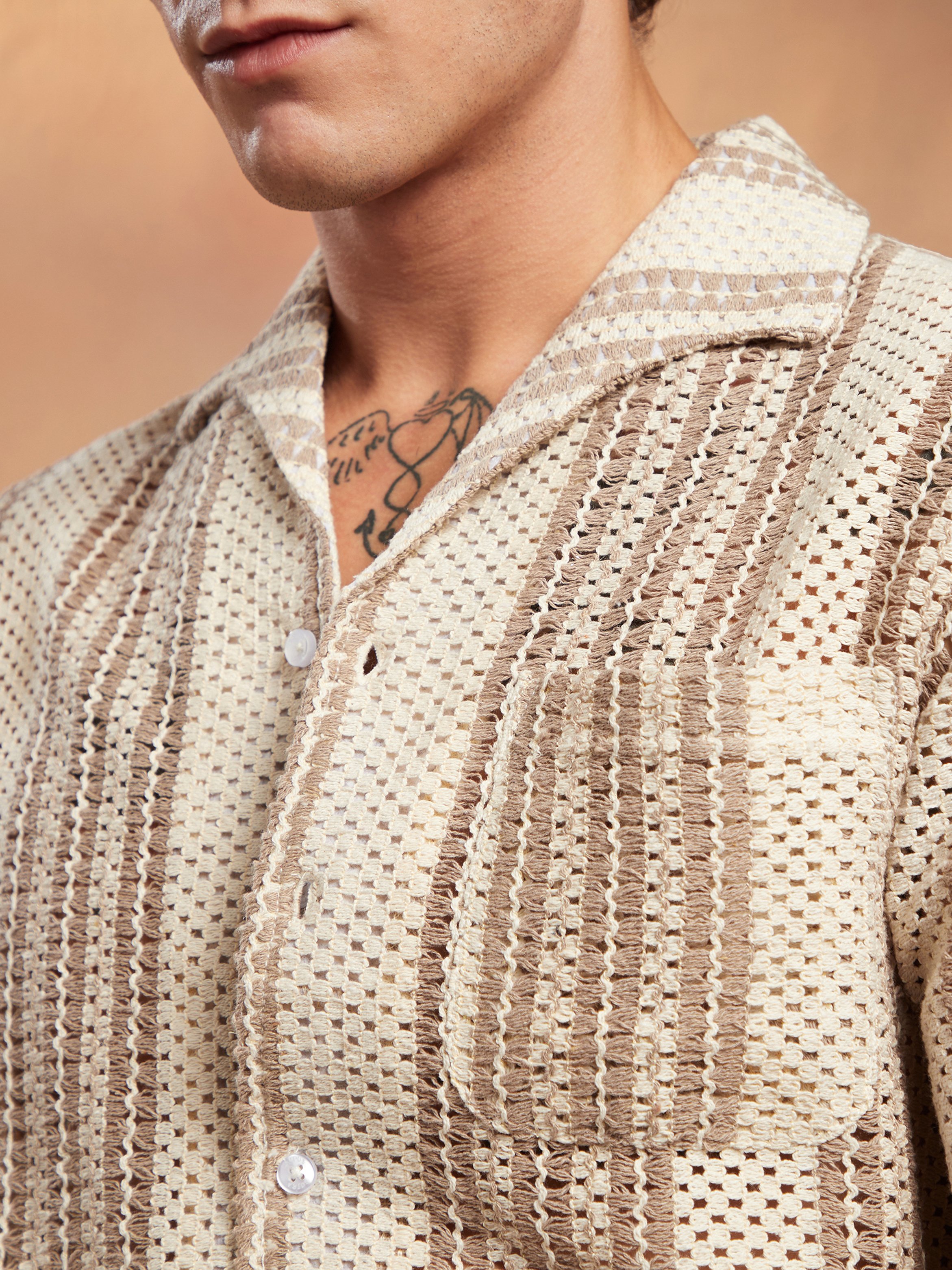 Men Textured Striped Open-Knit Oversized Shirt