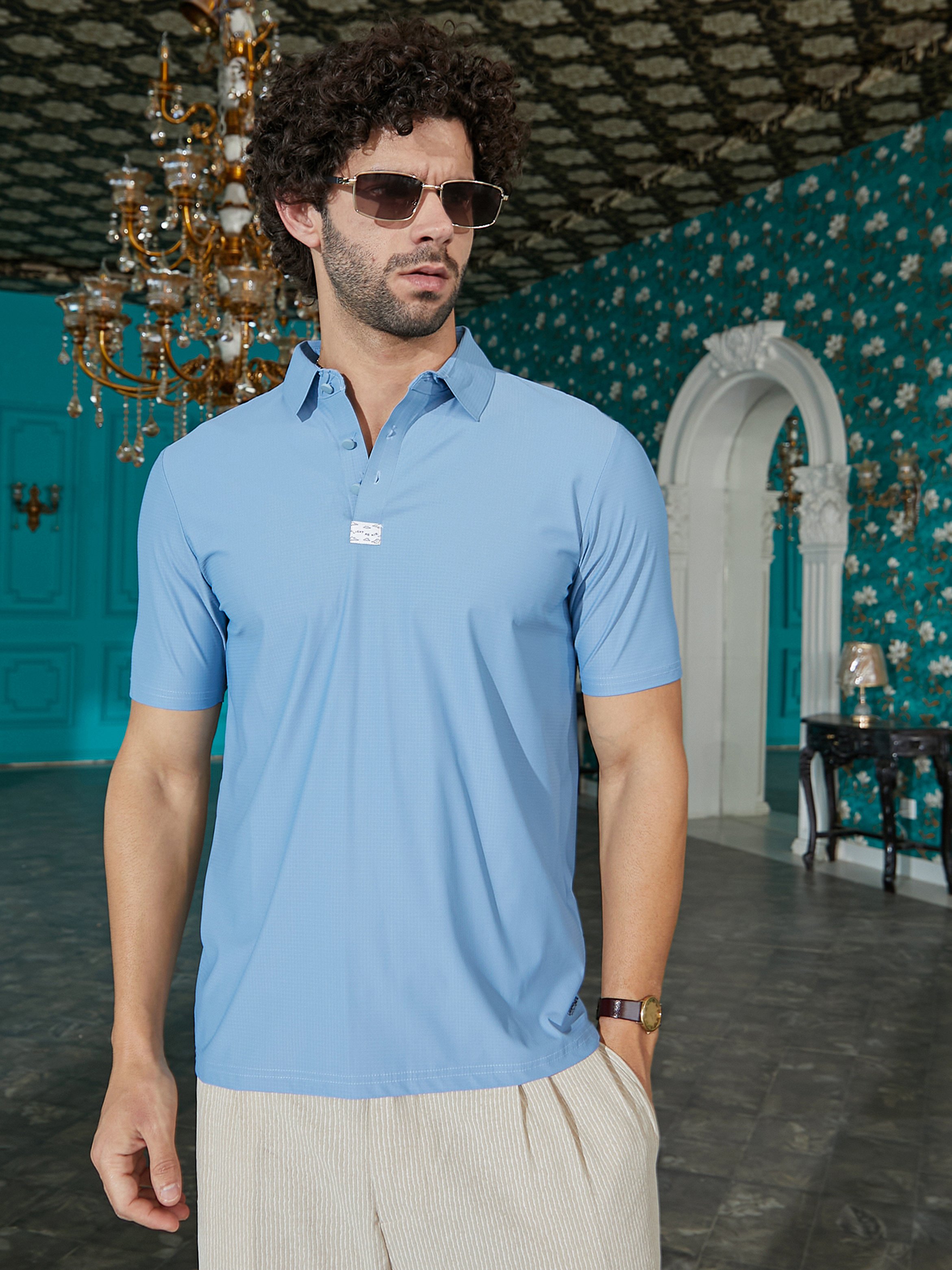 Men Blue Seamless Waffle Polo