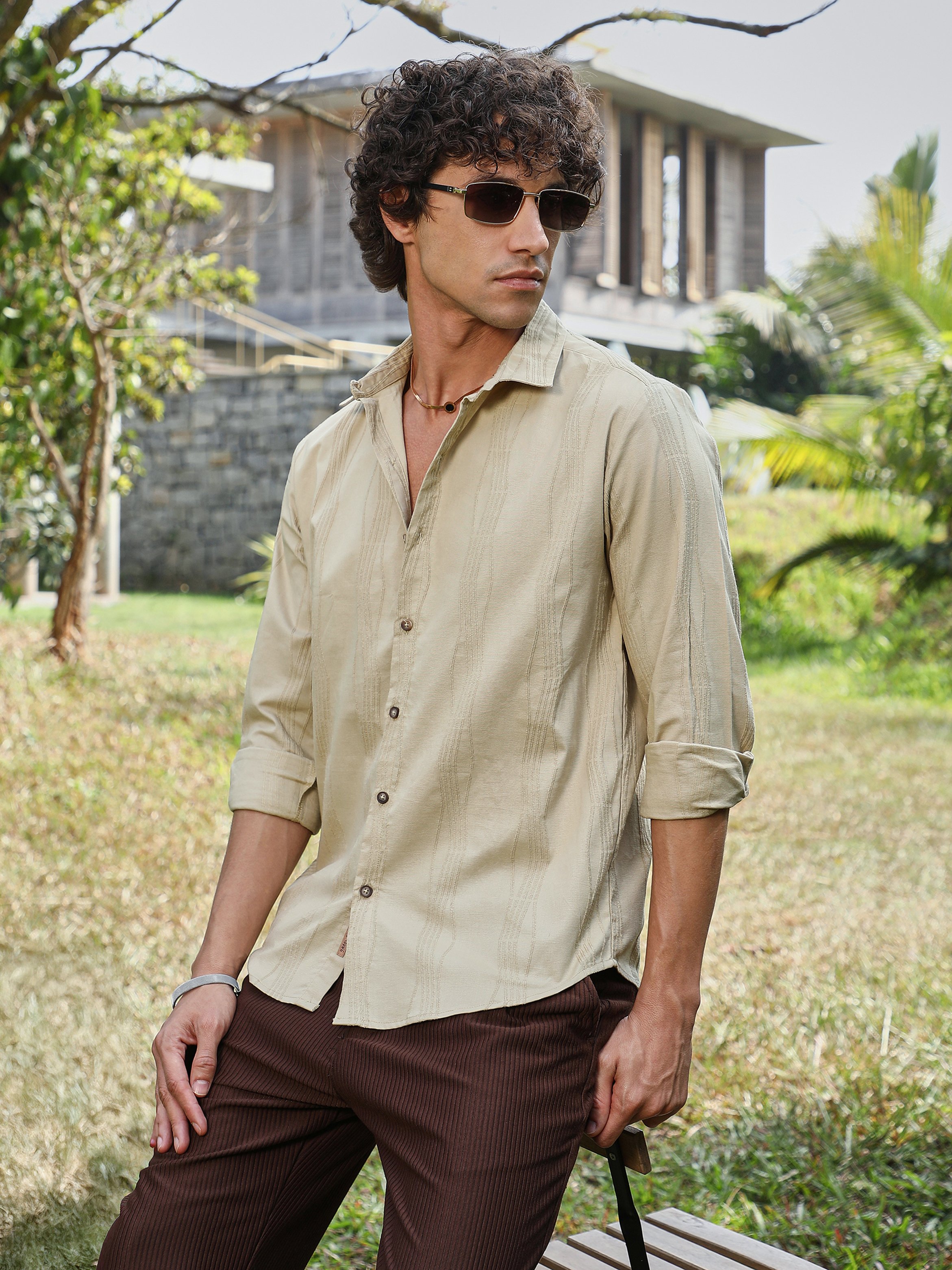 Men Beige Textured Regular Shirt