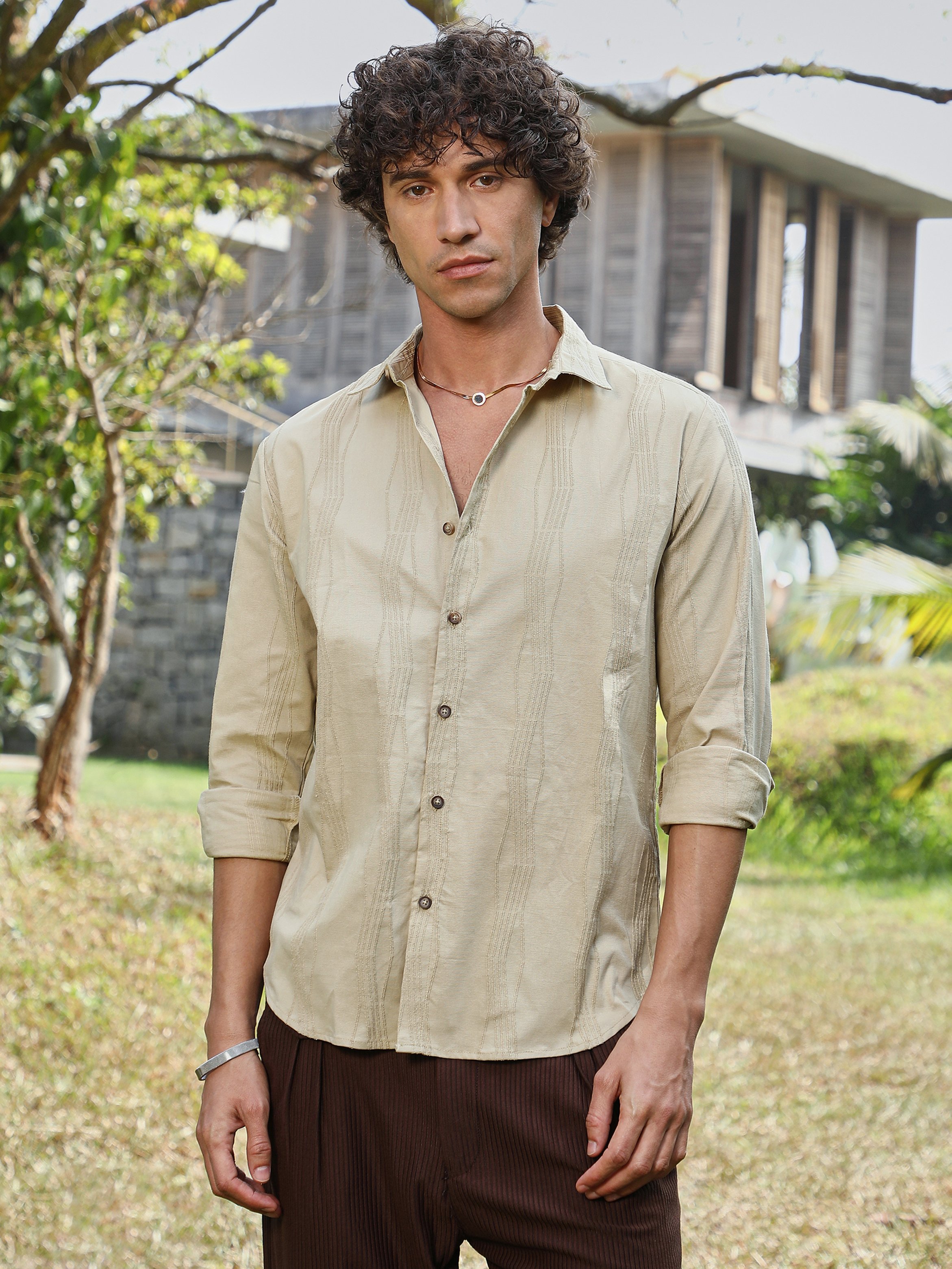 Men Beige Textured Regular Shirt