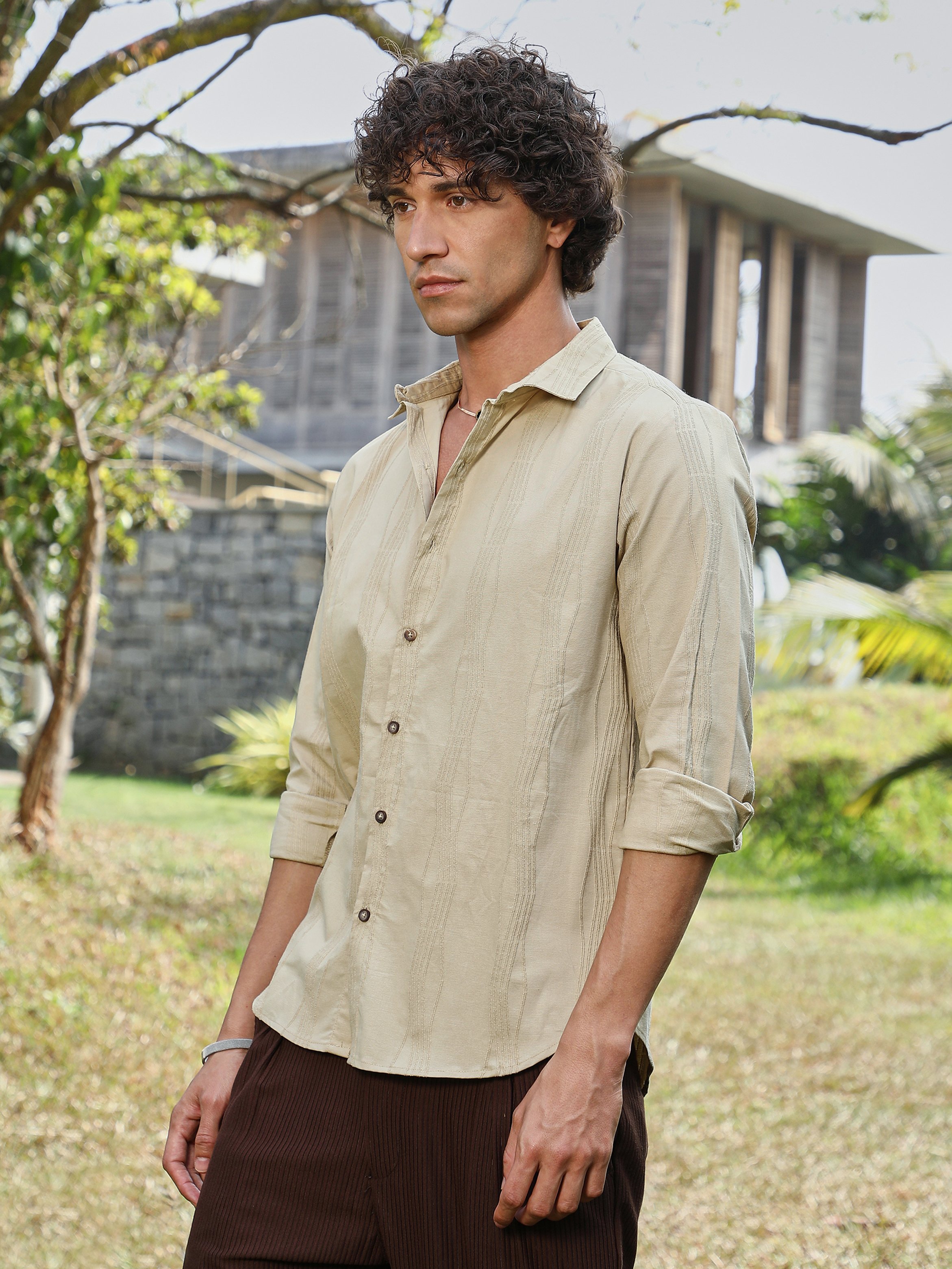Men Beige Textured Regular Shirt
