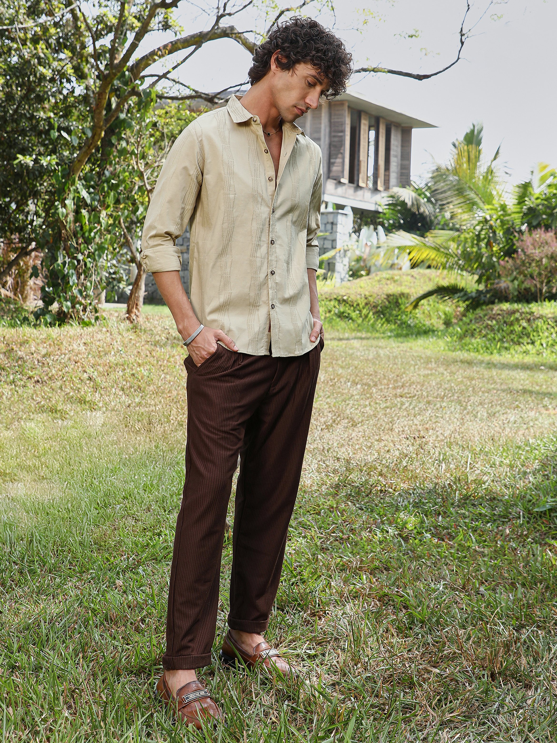 Men Beige Textured Regular Shirt