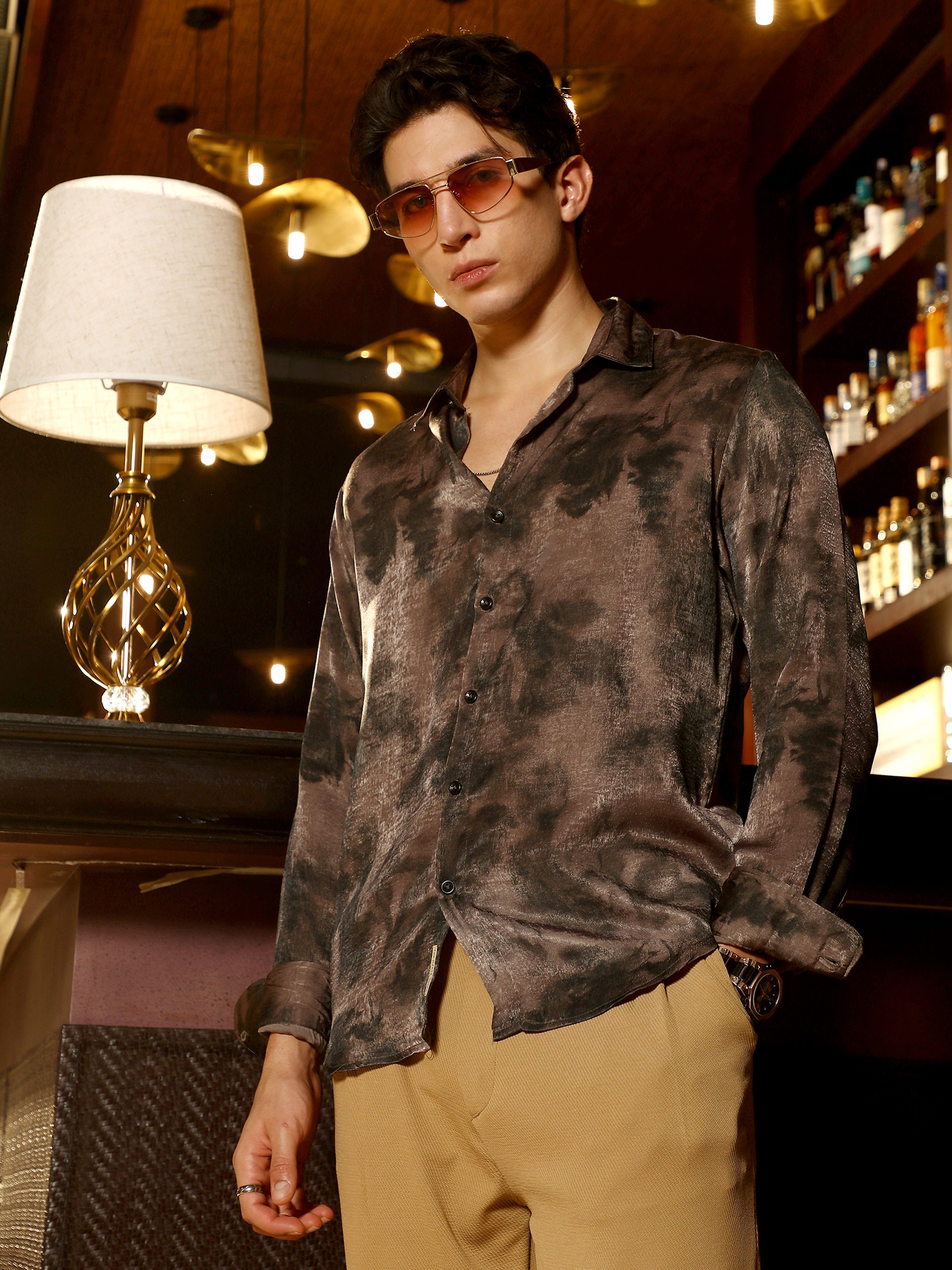 Men Coffee Brown Printed Regular Shirt