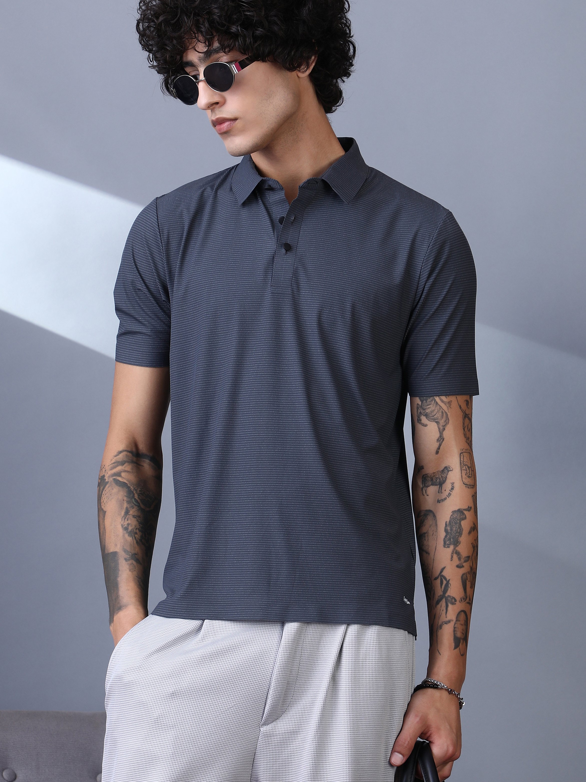 Men Grey Seamless Striped Polo T-Shirt