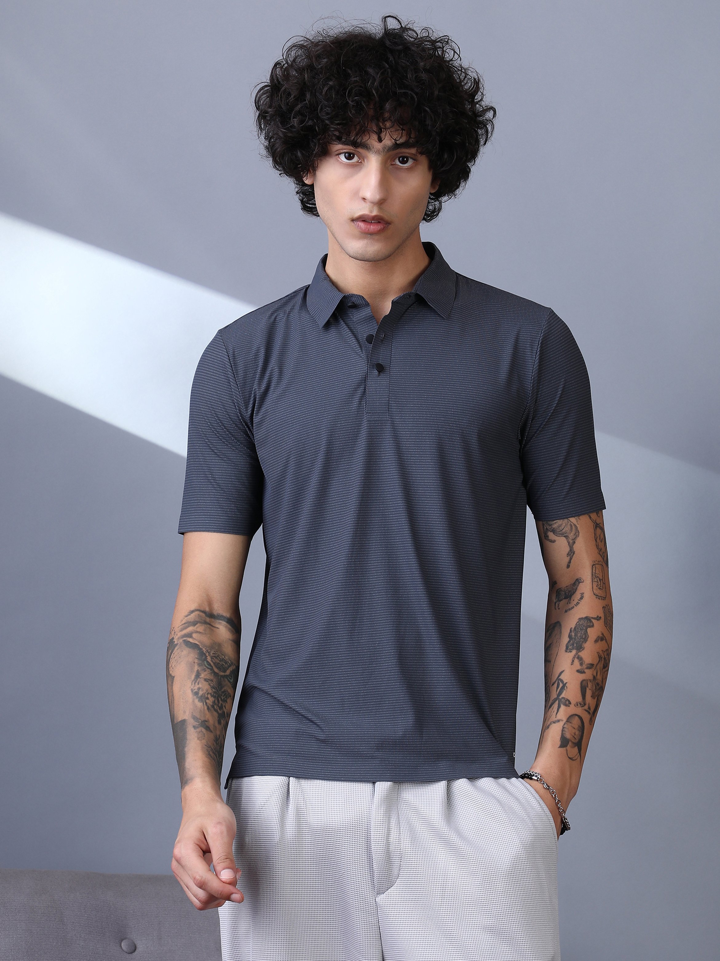 Men Grey Seamless Striped Polo T-Shirt