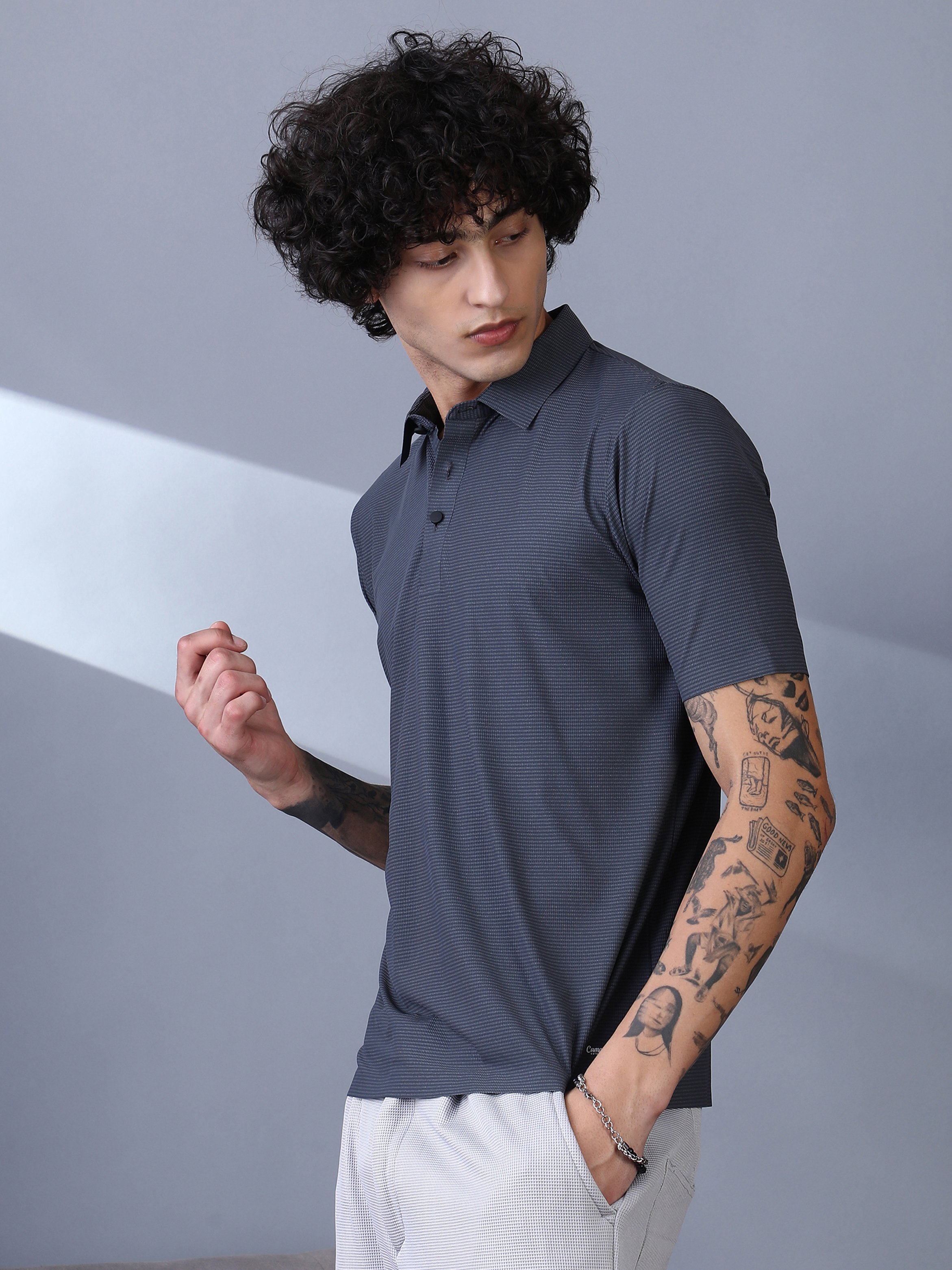 Men Grey Seamless Striped Polo T-Shirt
