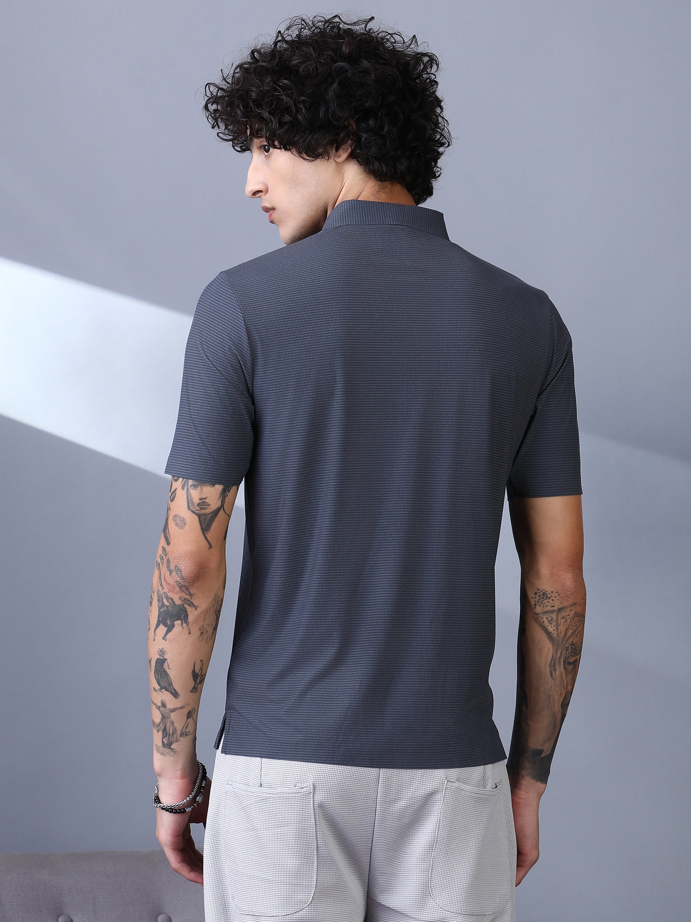 Men Grey Seamless Striped Polo T-Shirt