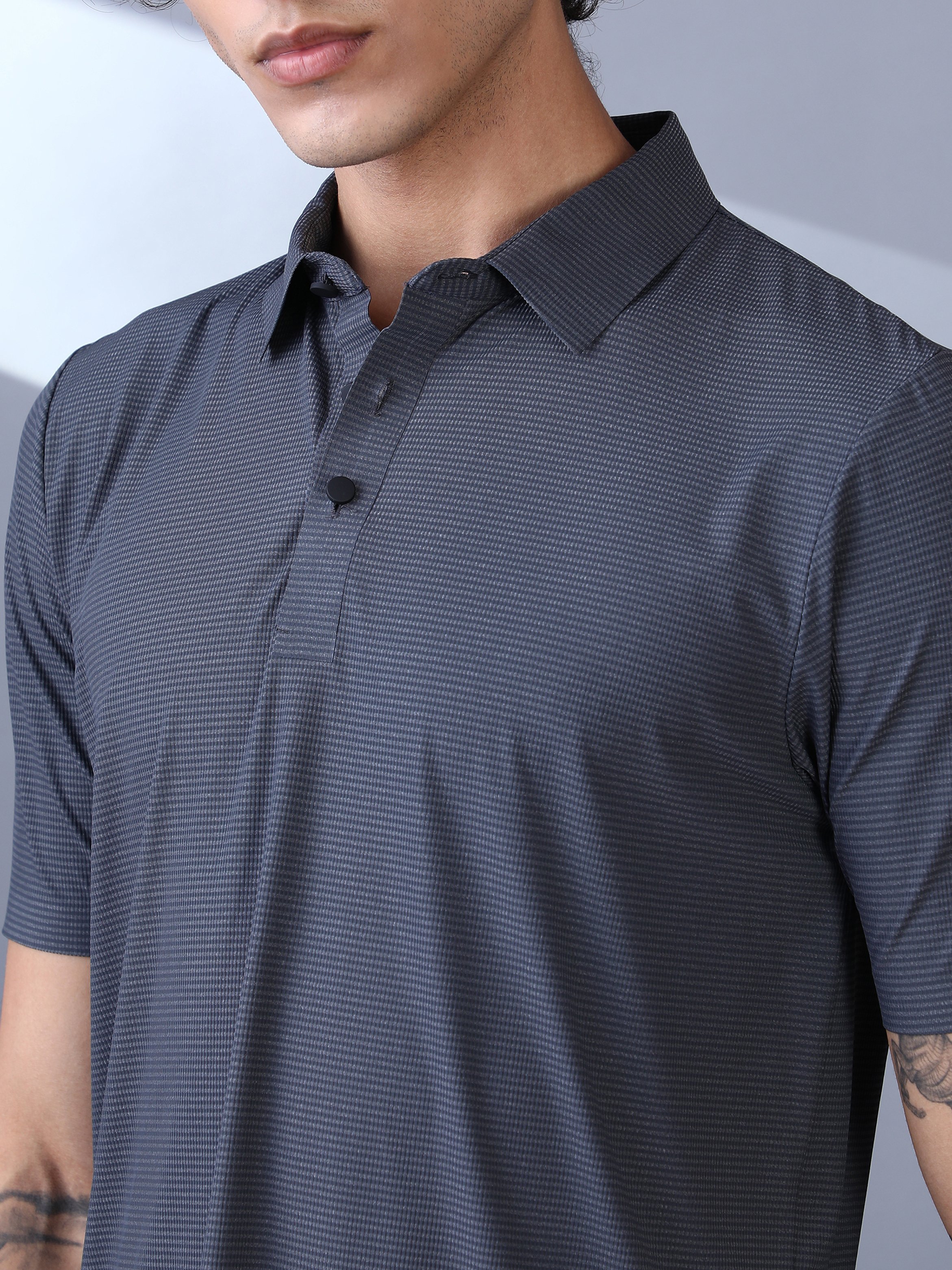Men Grey Seamless Striped Polo T-Shirt