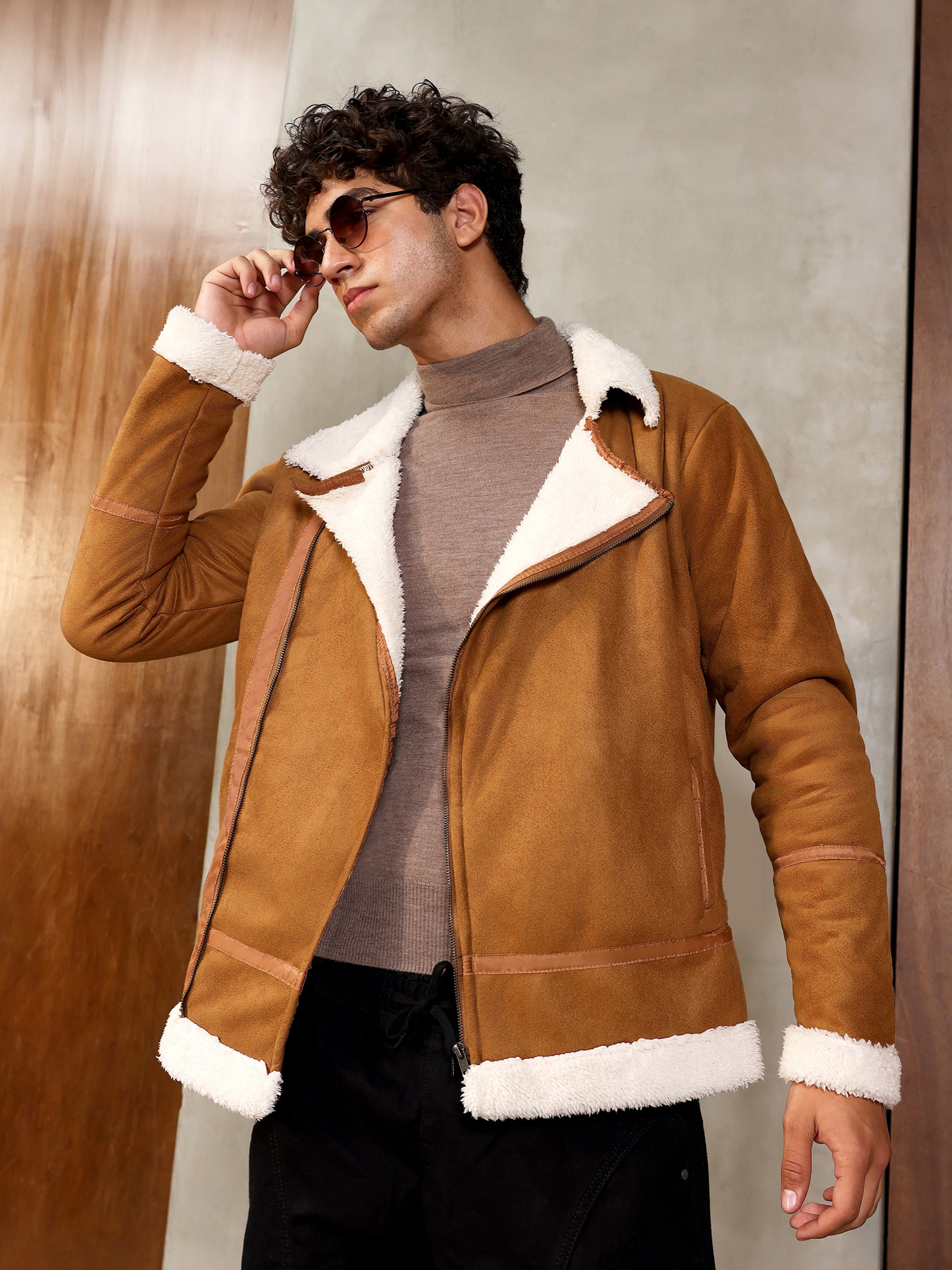 Men Brown Contrast Sherpa-Lined Suede Biker Jacket