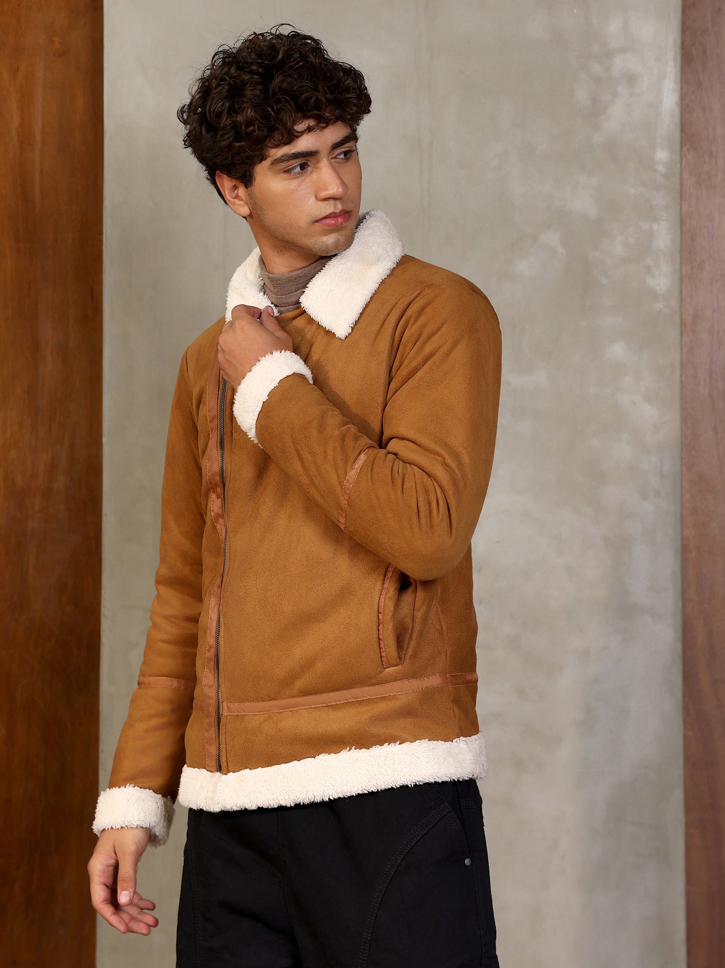 Men Brown Contrast Sherpa-Lined Suede Biker Jacket
