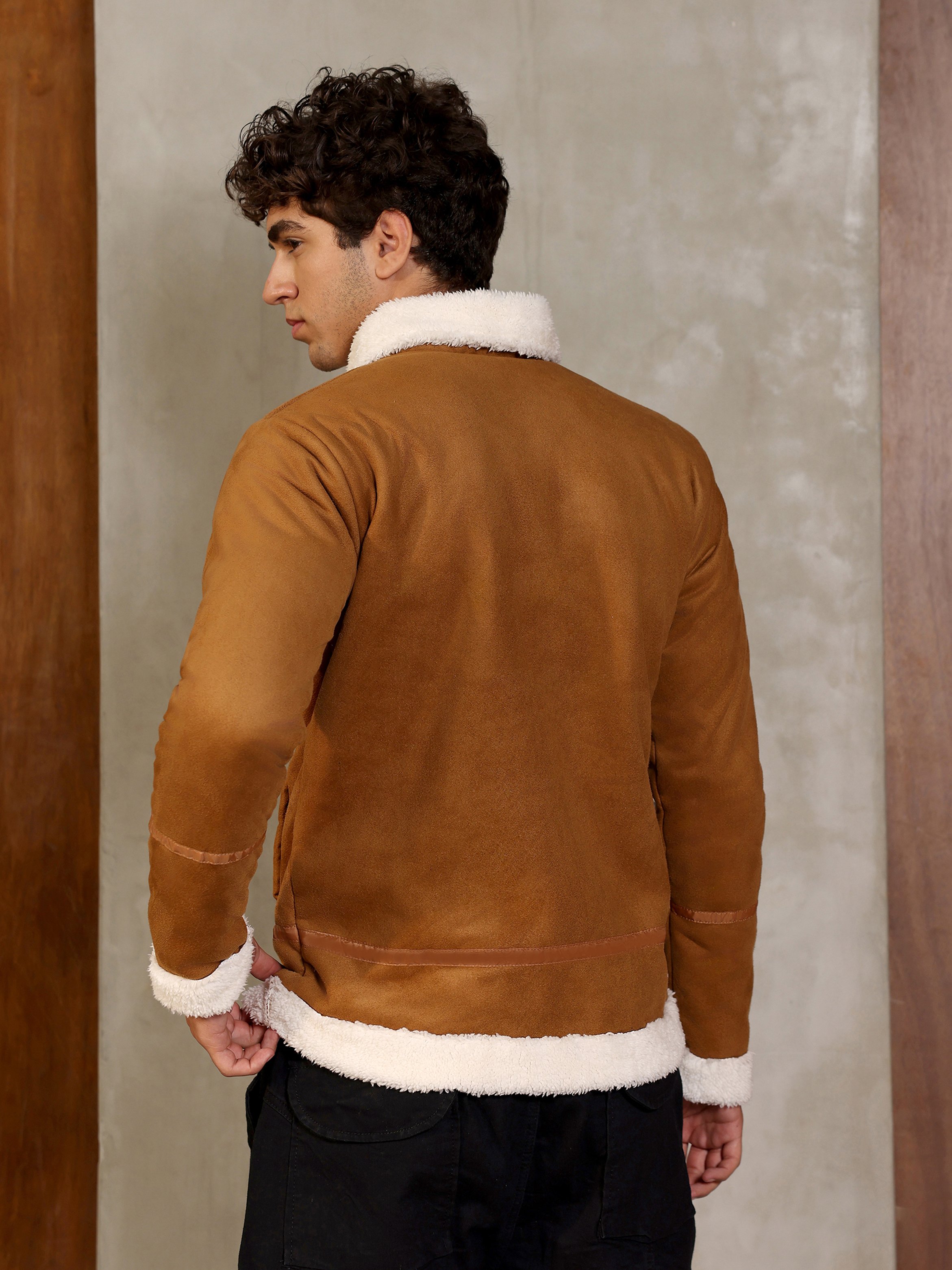 Men Brown Contrast Sherpa-Lined Suede Biker Jacket