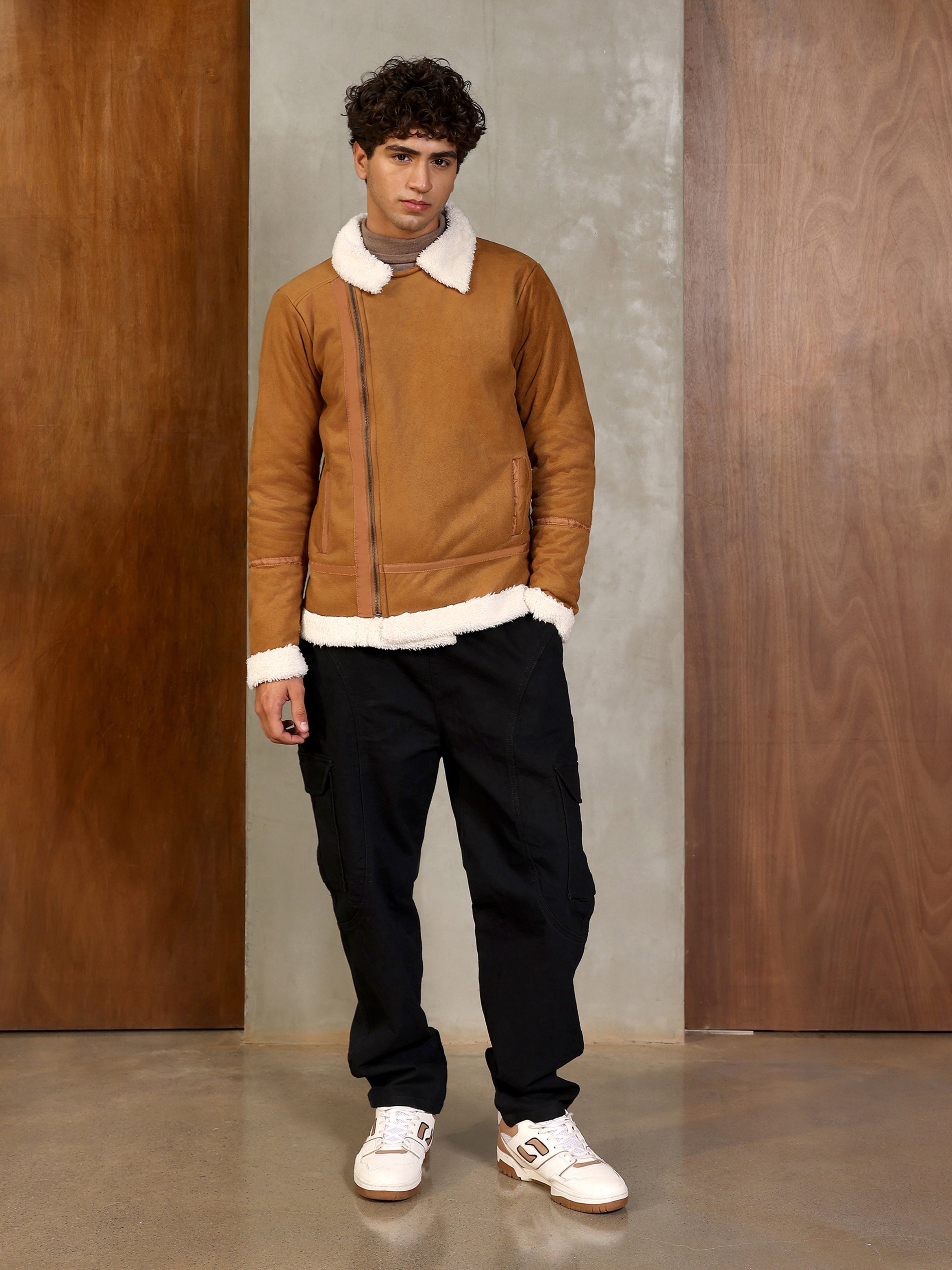 Men Brown Contrast Sherpa-Lined Suede Biker Jacket