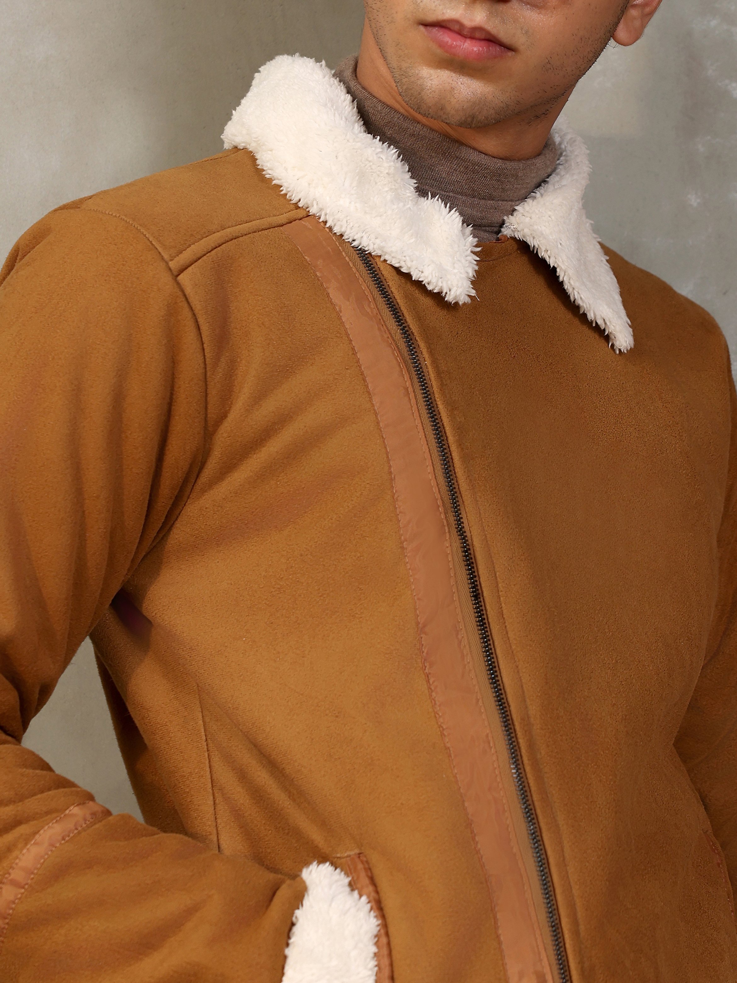 Men Brown Contrast Sherpa-Lined Suede Biker Jacket