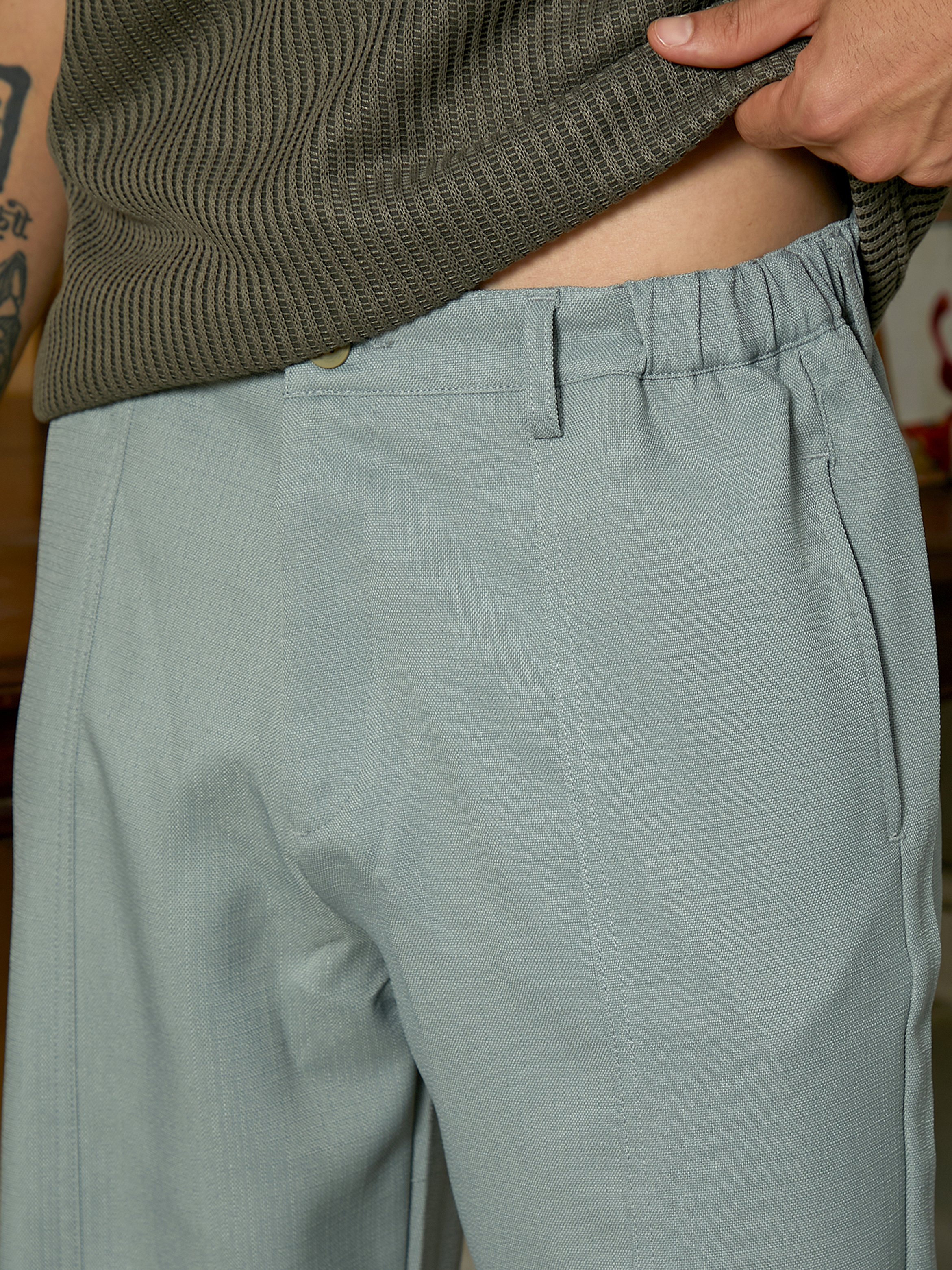 Men Sage Green Relaxed-Panel Tailored Trousers