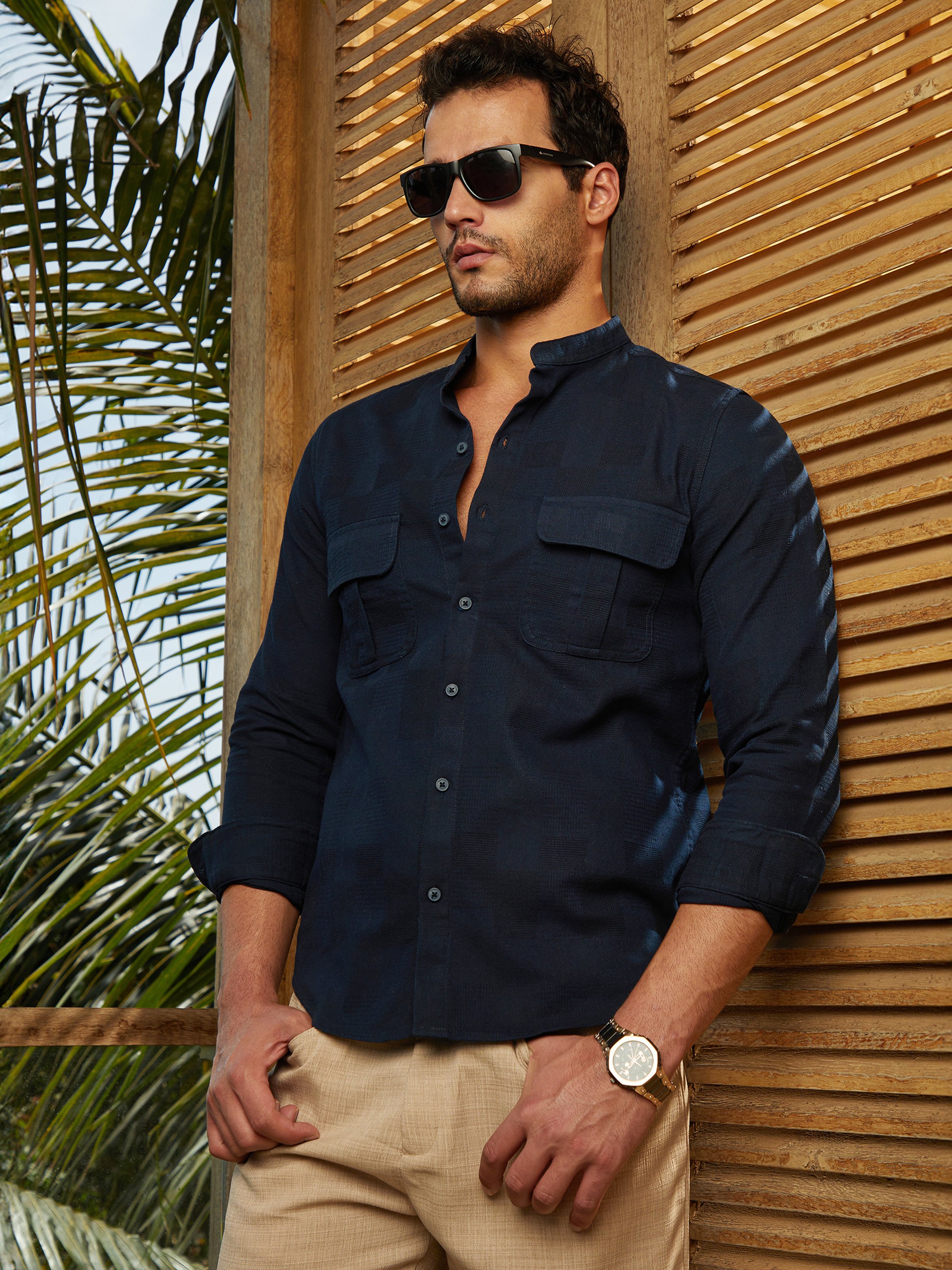 Men Navy Blue Mandarin Utility Shirt