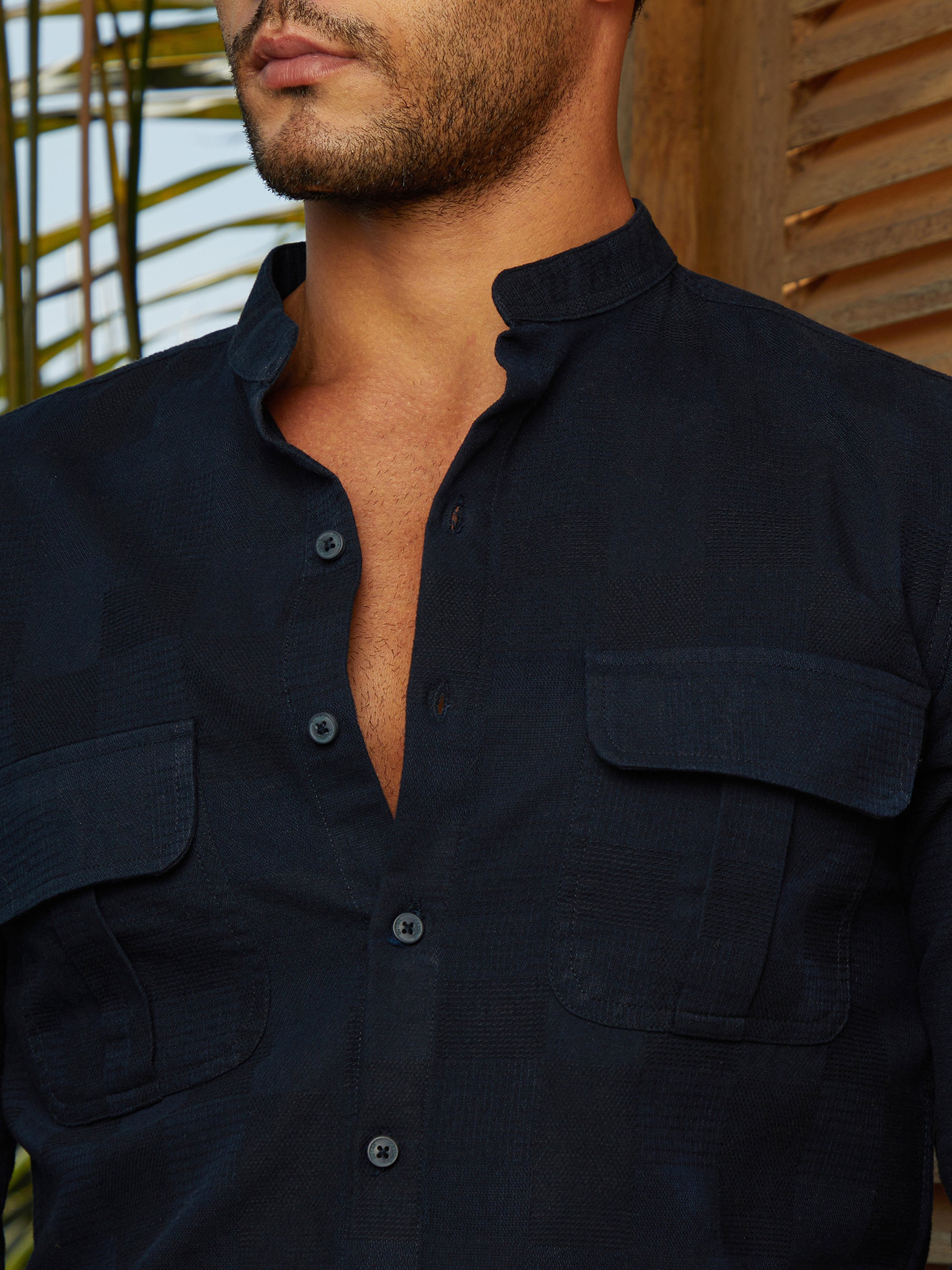 Men Navy Blue Mandarin Utility Shirt