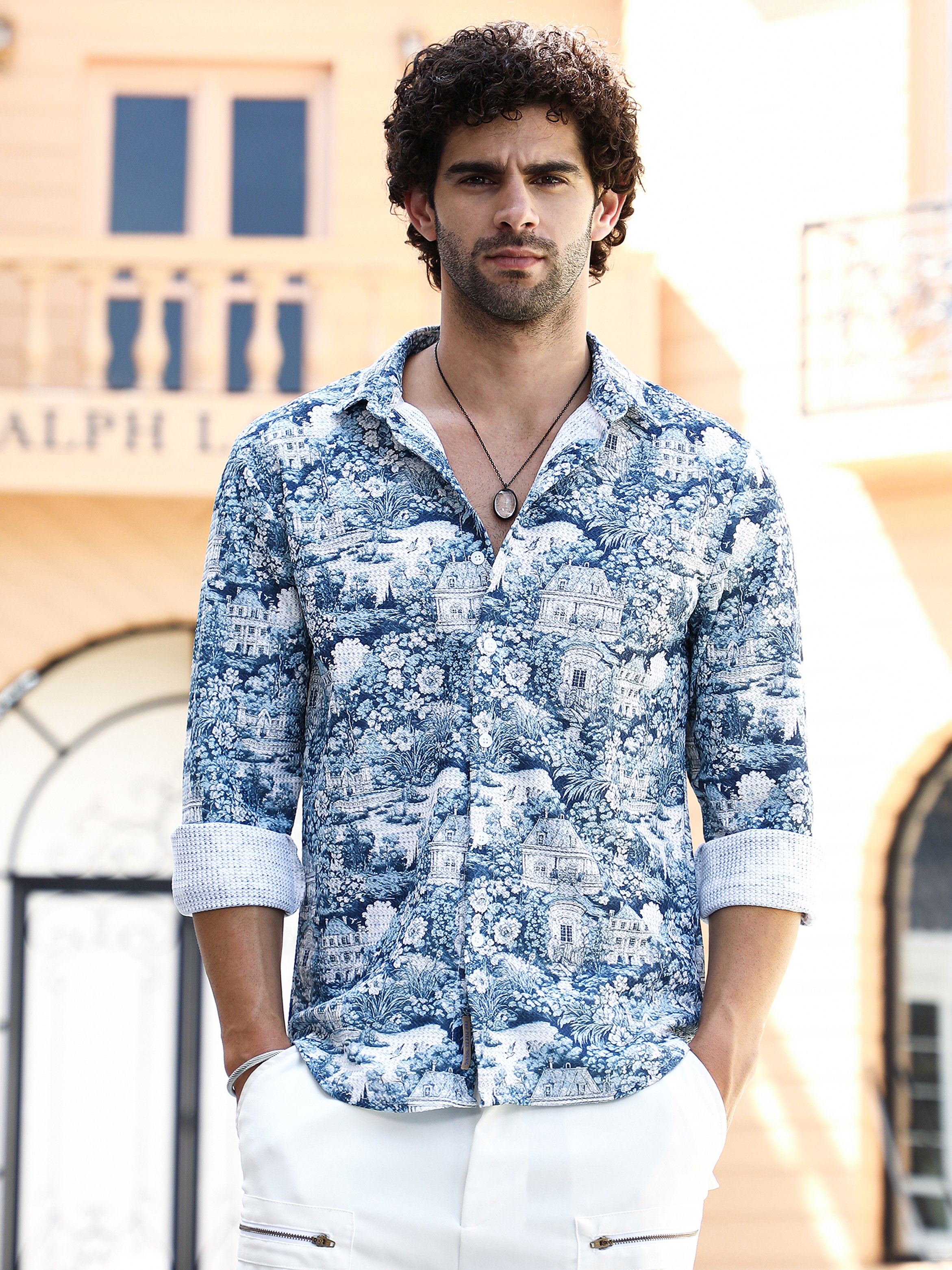 Men Indigo Blue Victorian-Landscape Tactile Shirt