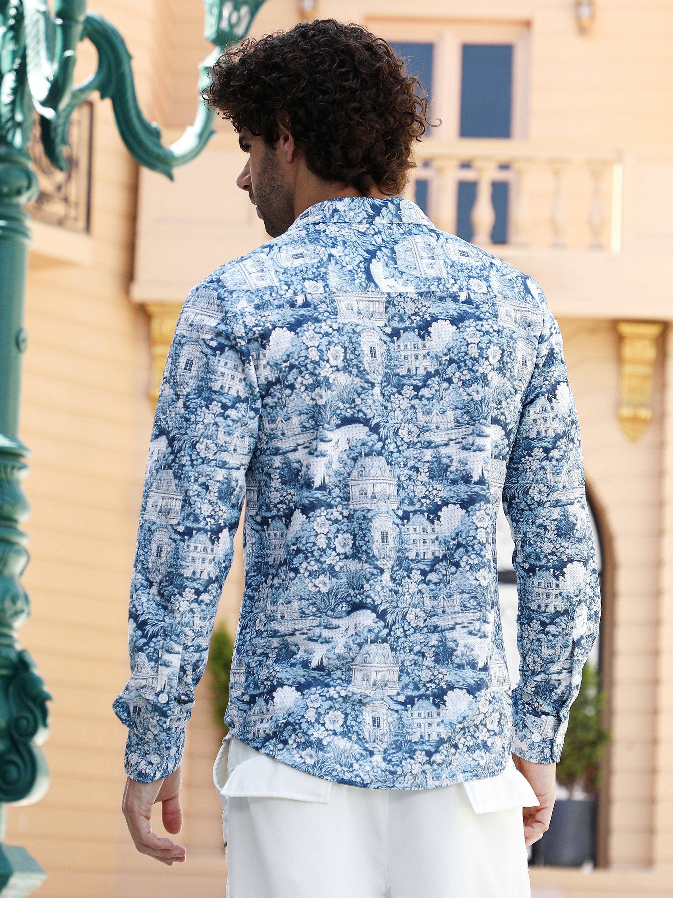 Men Indigo Blue Victorian-Landscape Tactile Shirt