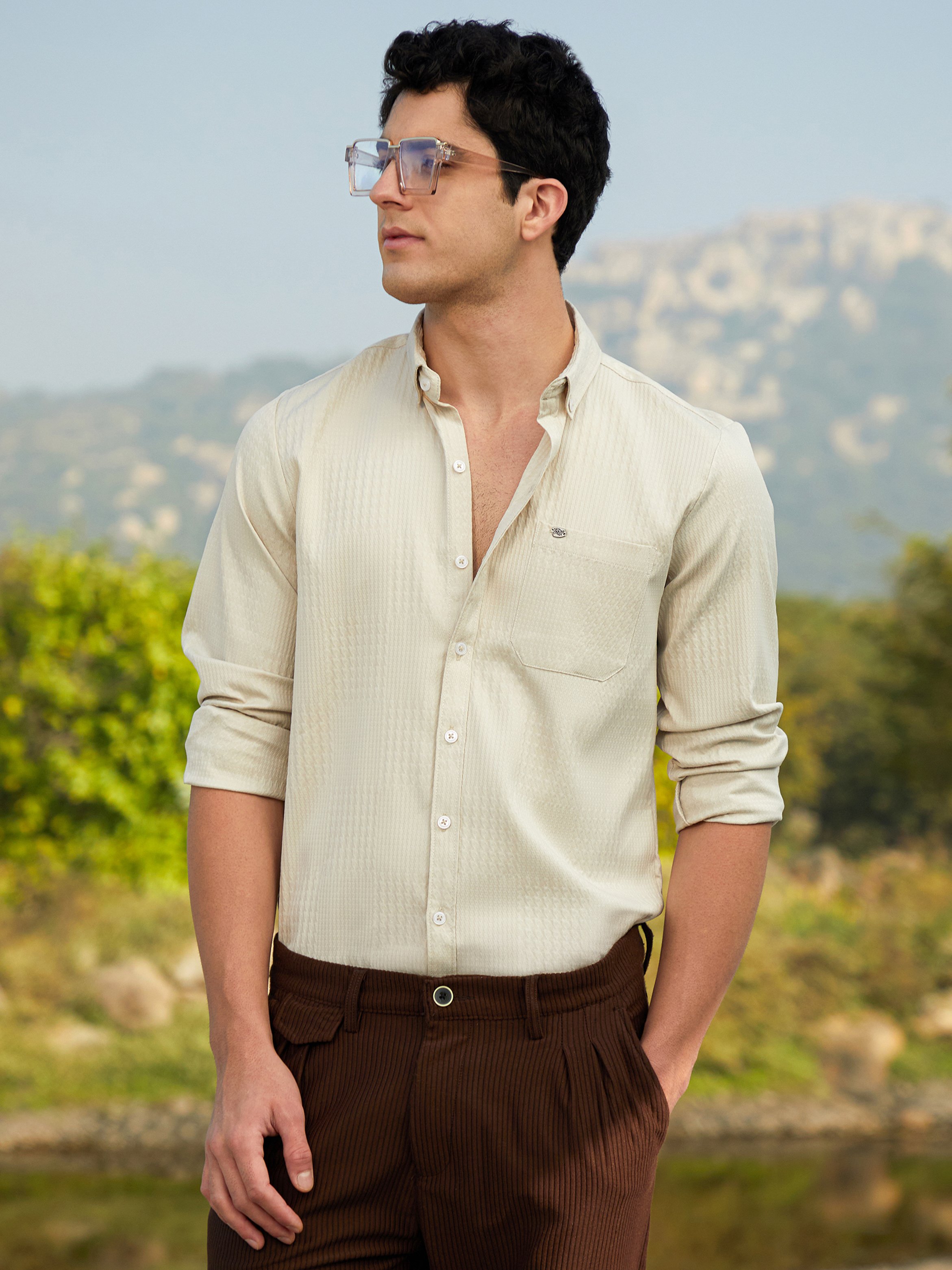 Men Saltbox Beige Houndstooth-Tactile Shirt
