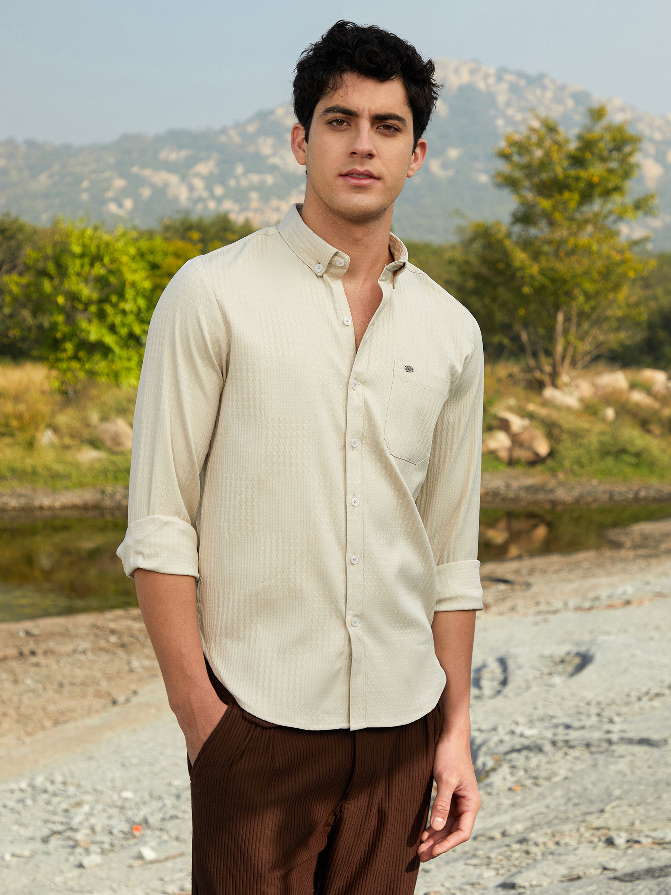 Men Saltbox Beige Houndstooth-Tactile Shirt