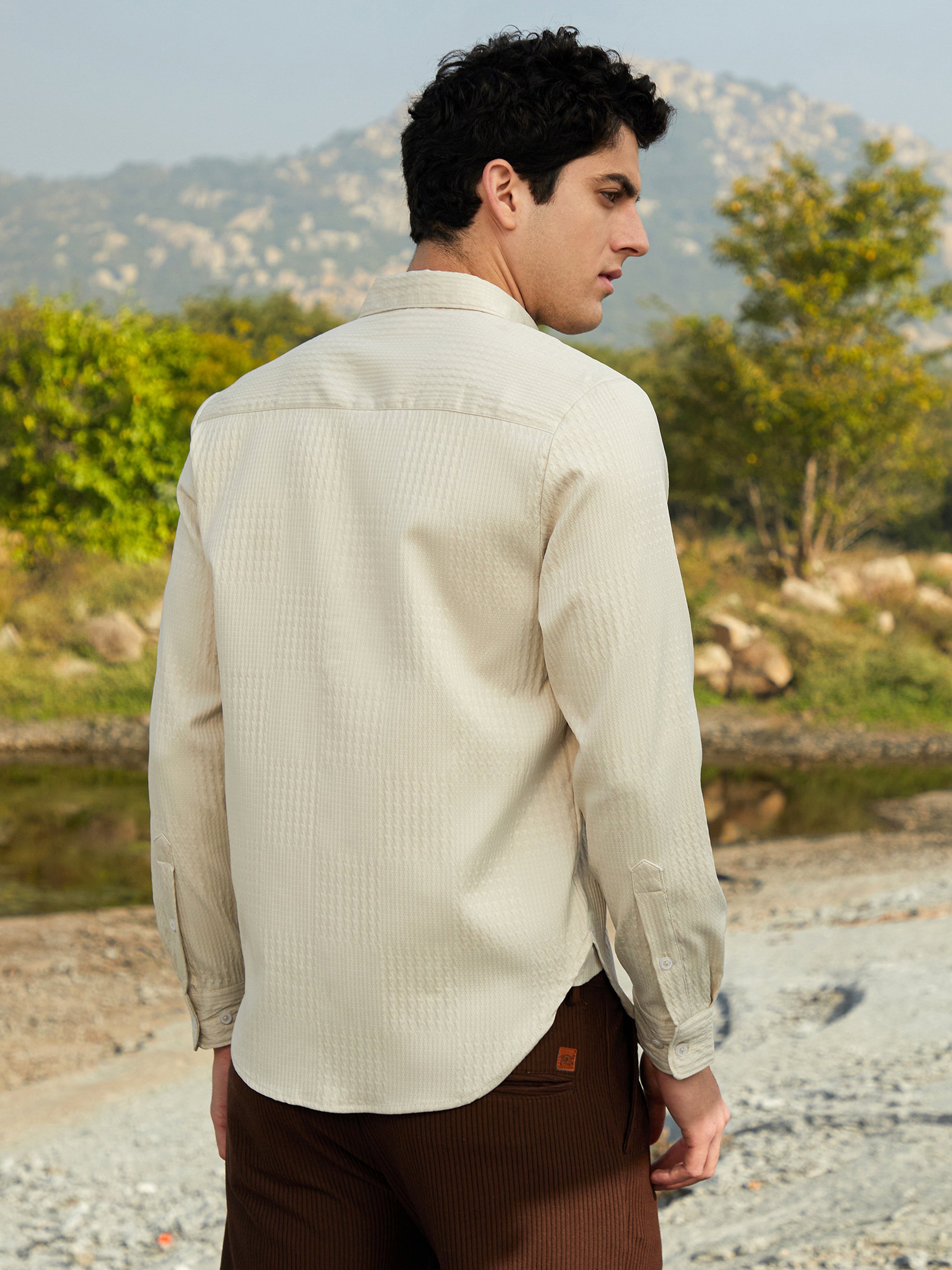 Men Saltbox Beige Houndstooth-Tactile Shirt