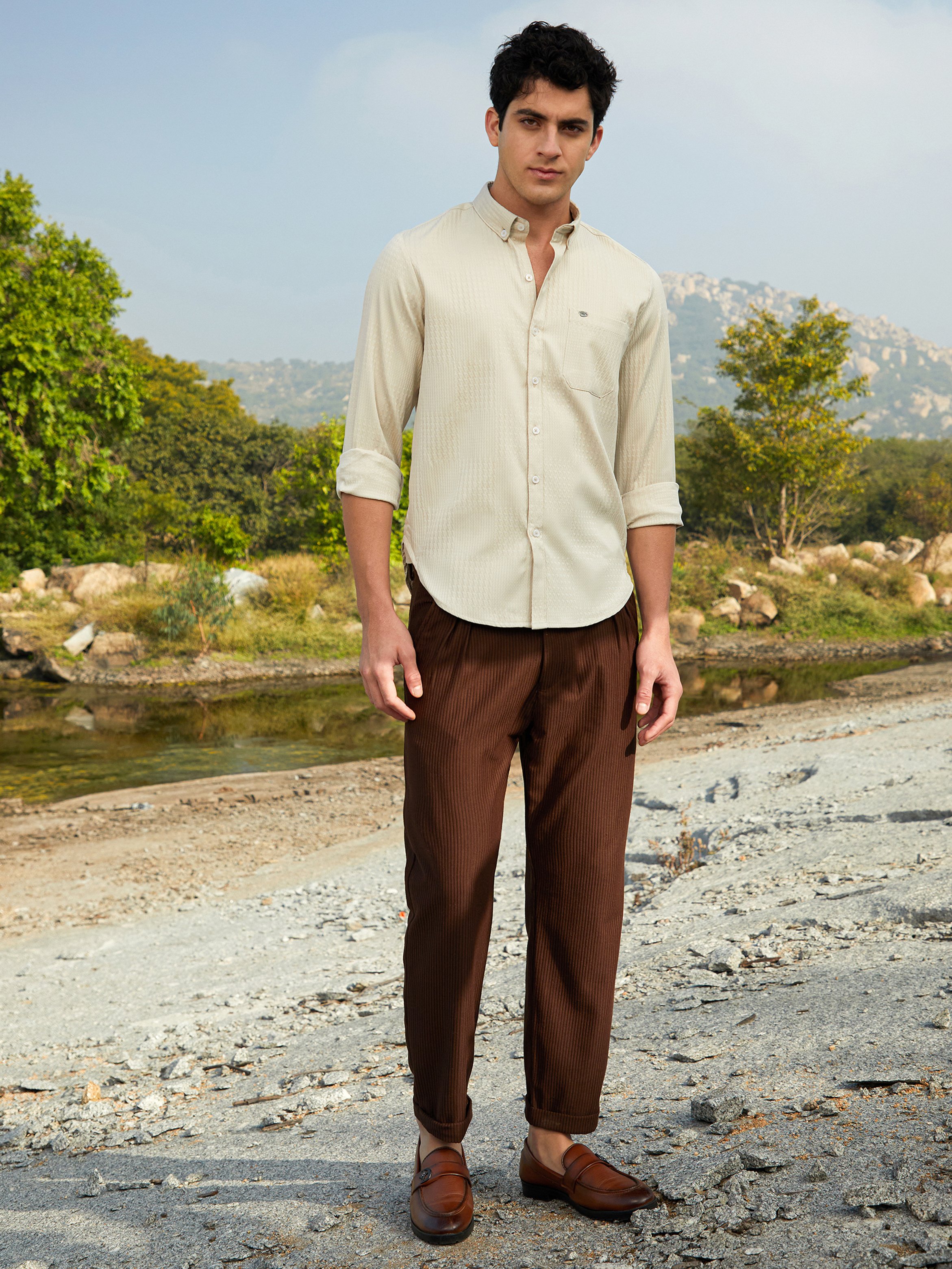 Men Saltbox Beige Houndstooth-Tactile Shirt