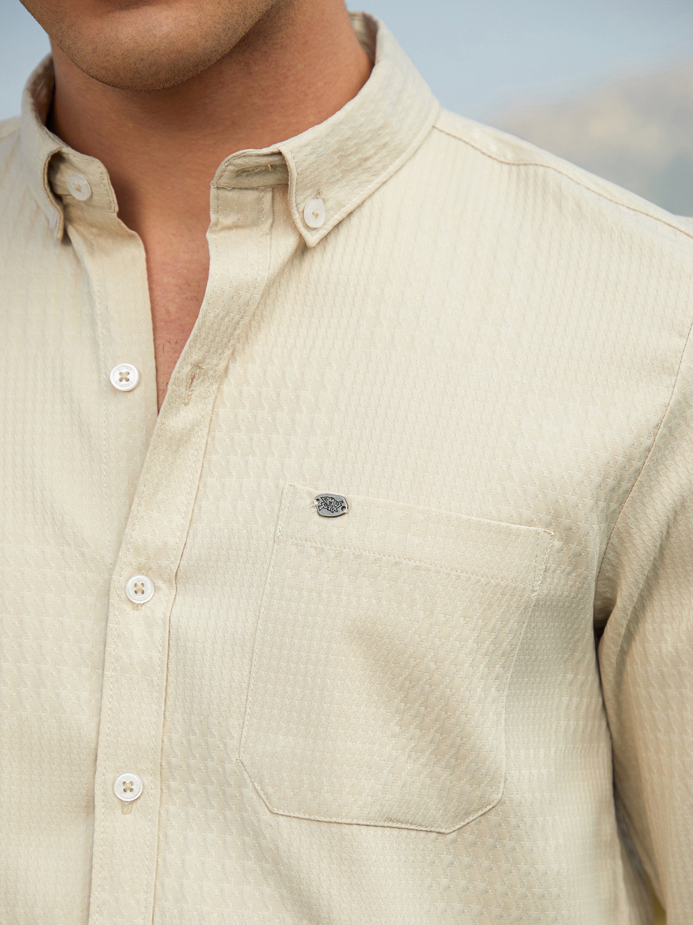Men Saltbox Beige Houndstooth-Tactile Shirt