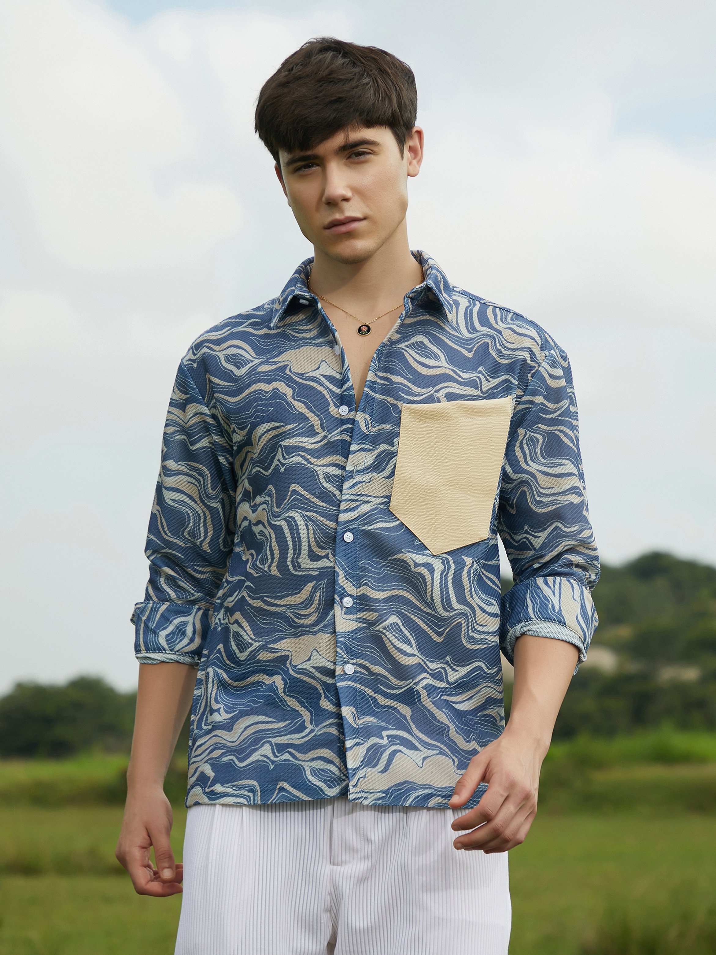 Men Blue Textured Printed Shirt