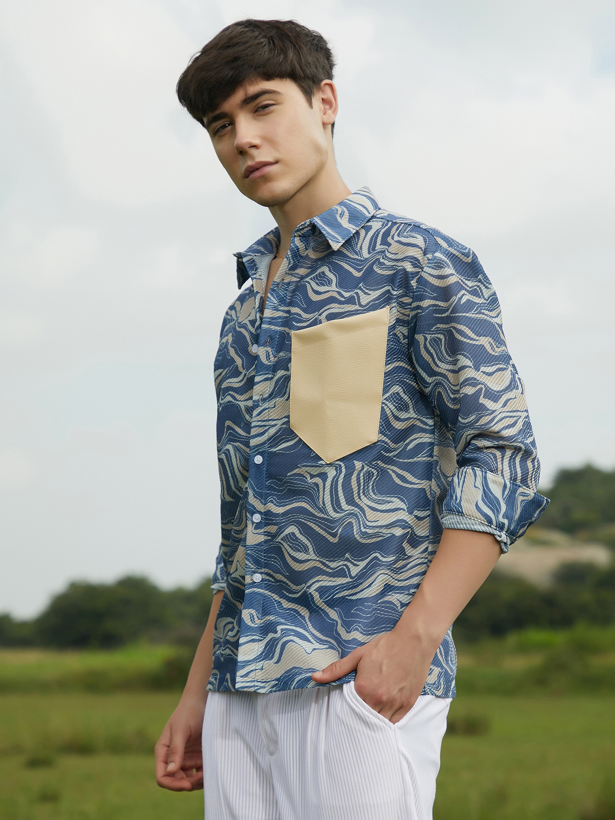 Men Blue Textured Printed Shirt