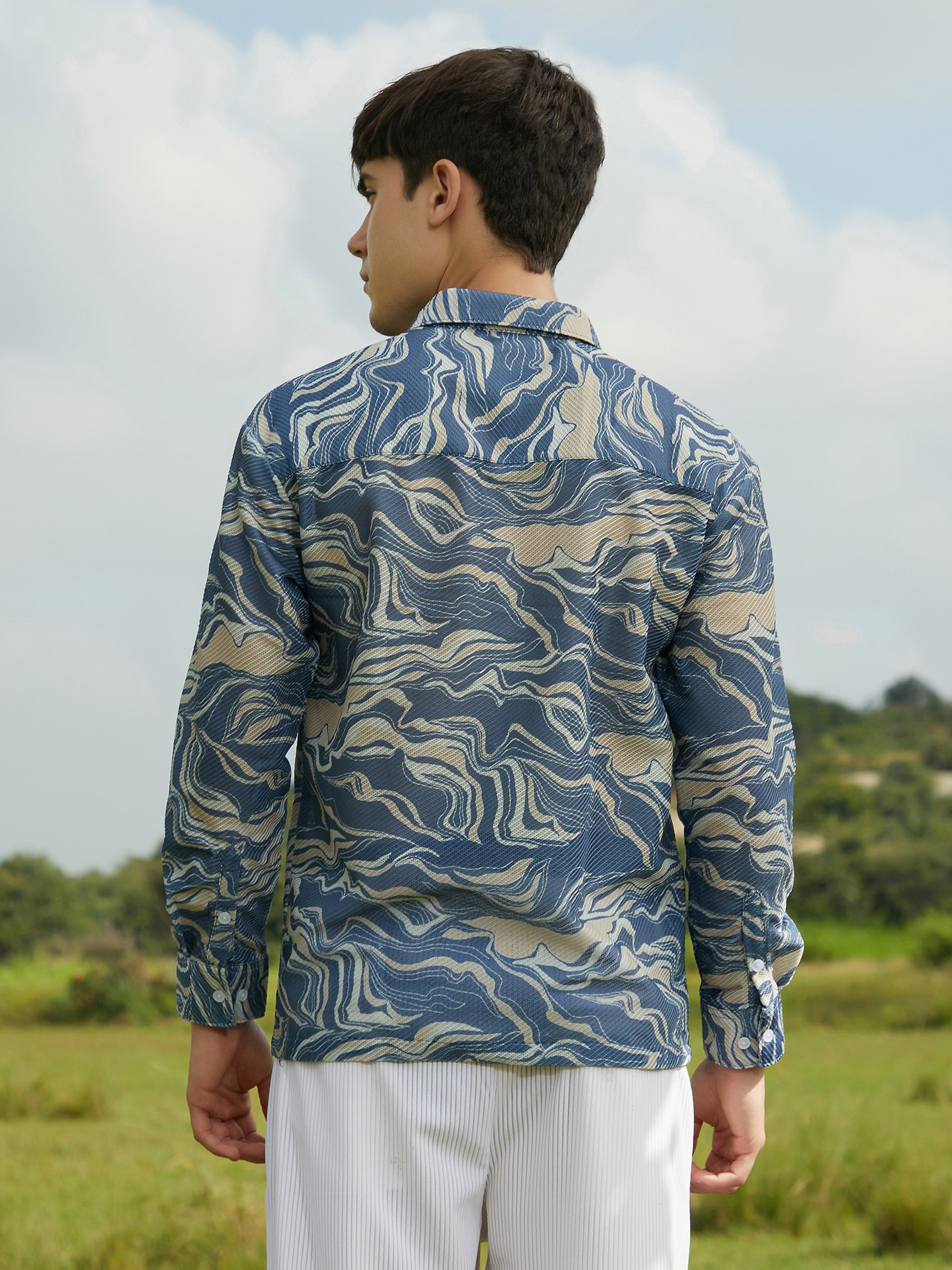 Men Blue Textured Printed Shirt
