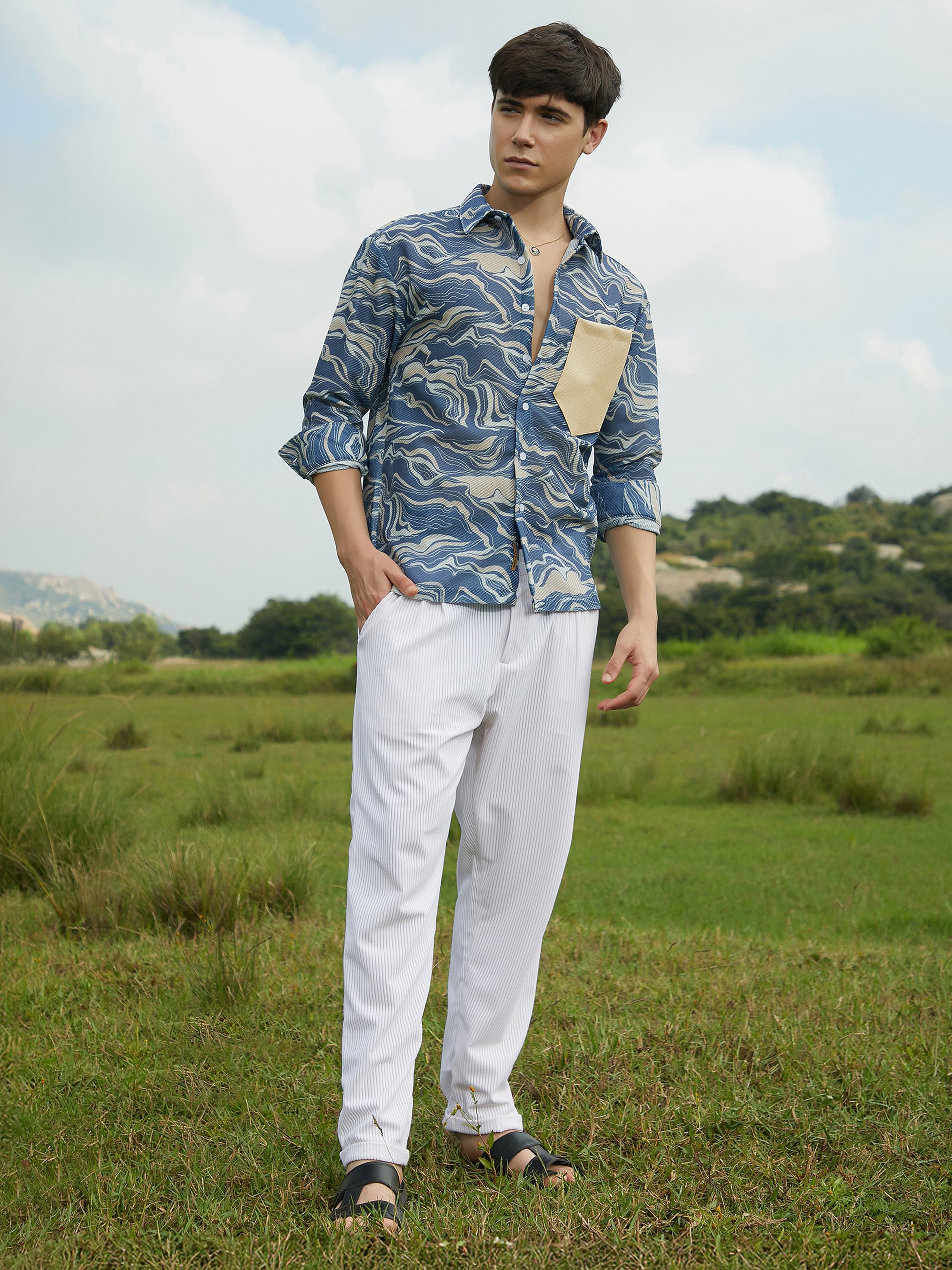 Men Blue Textured Printed Shirt