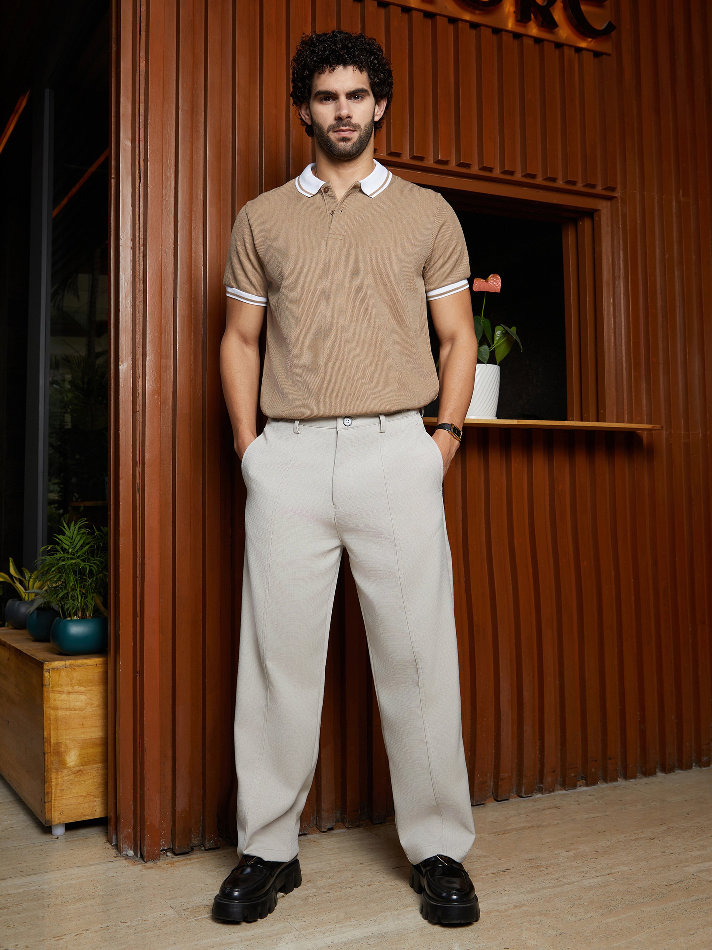 Men Saltbox Beige Panelled Tailored Trousers