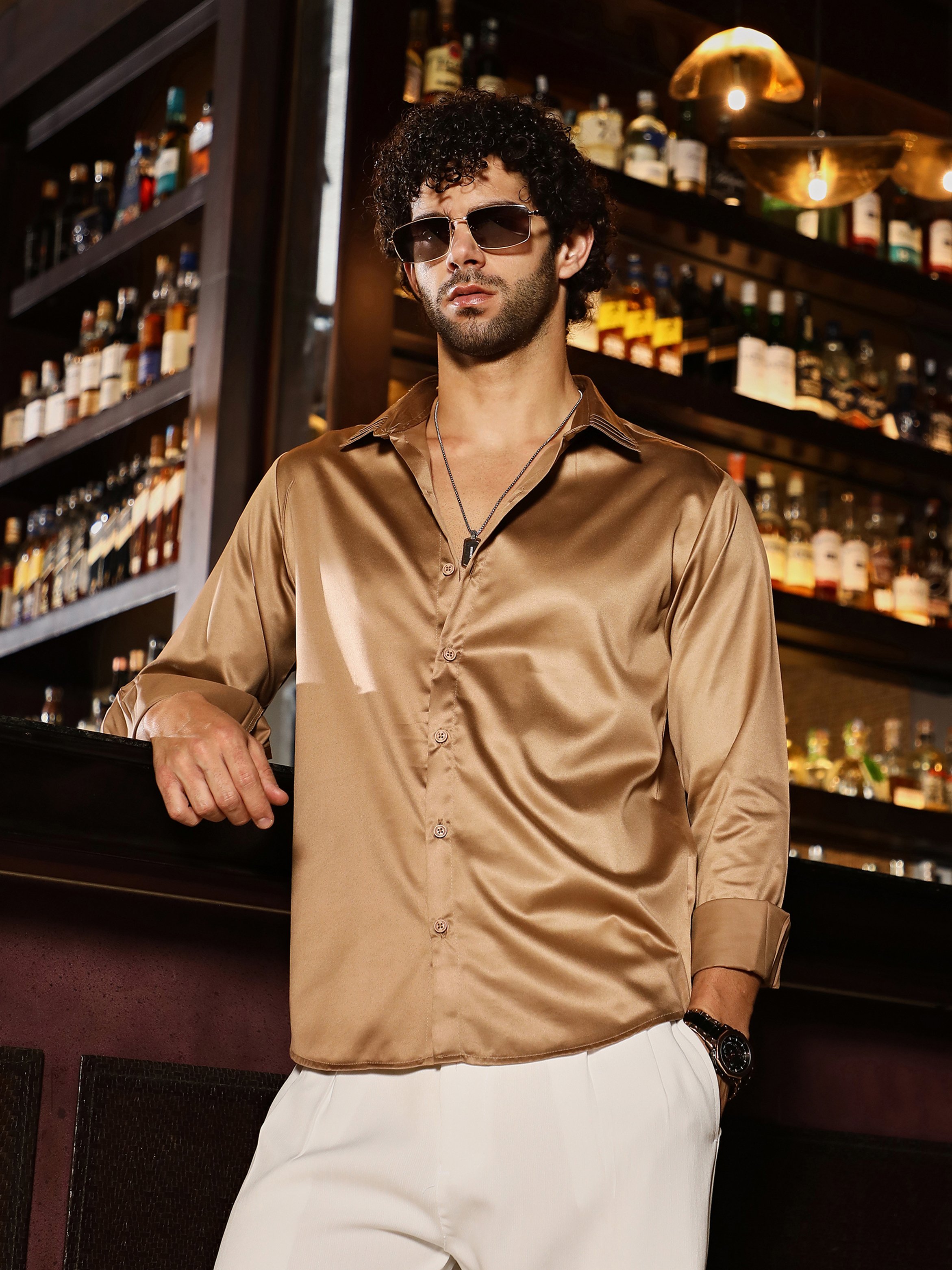 Men Beige Solid Satin Shirt