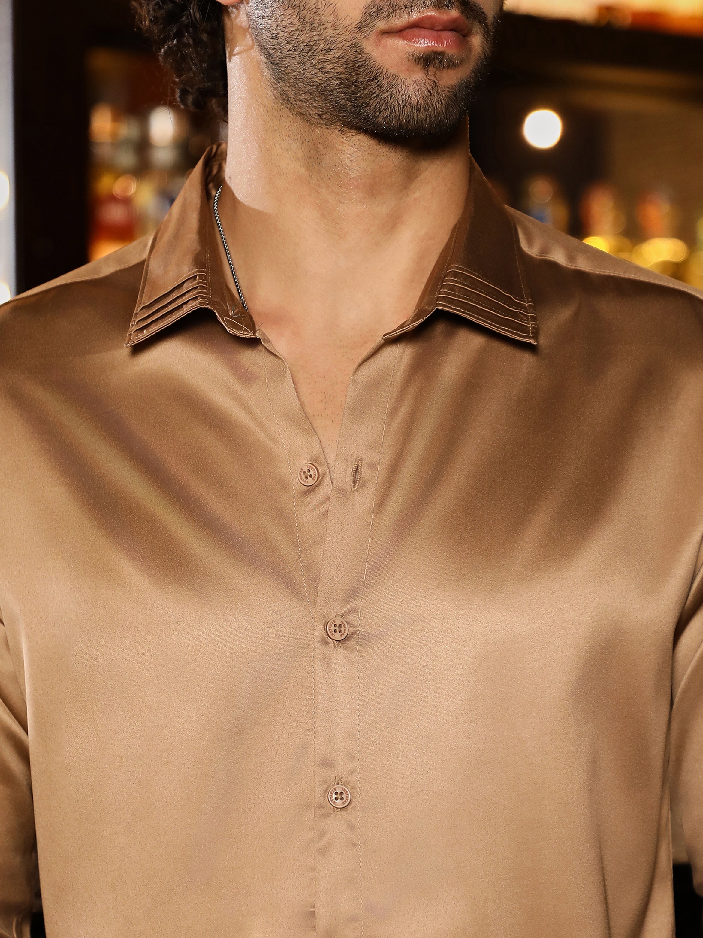 Men Beige Solid Satin Shirt