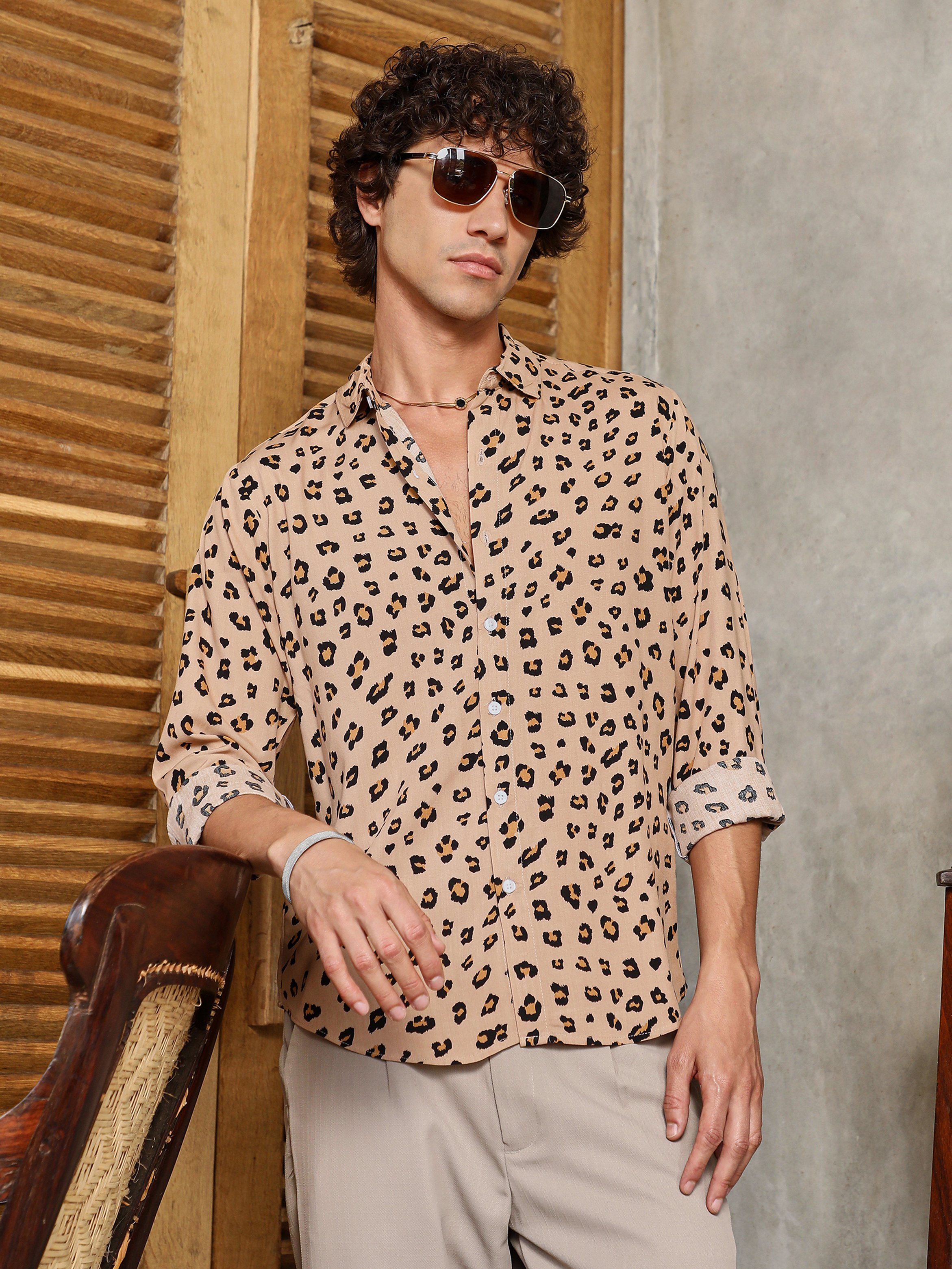 Men Beige Cheetah Print Regular Shirt
